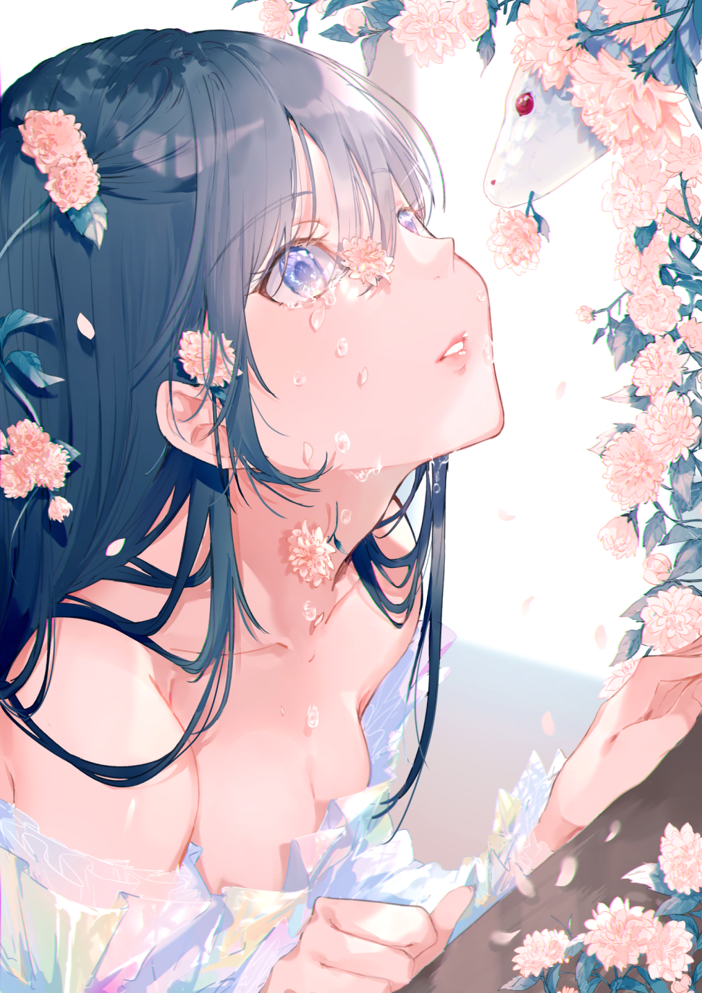 Girl with blue hair and blue eyes with flowers and a snake HD Phone Wallpaper