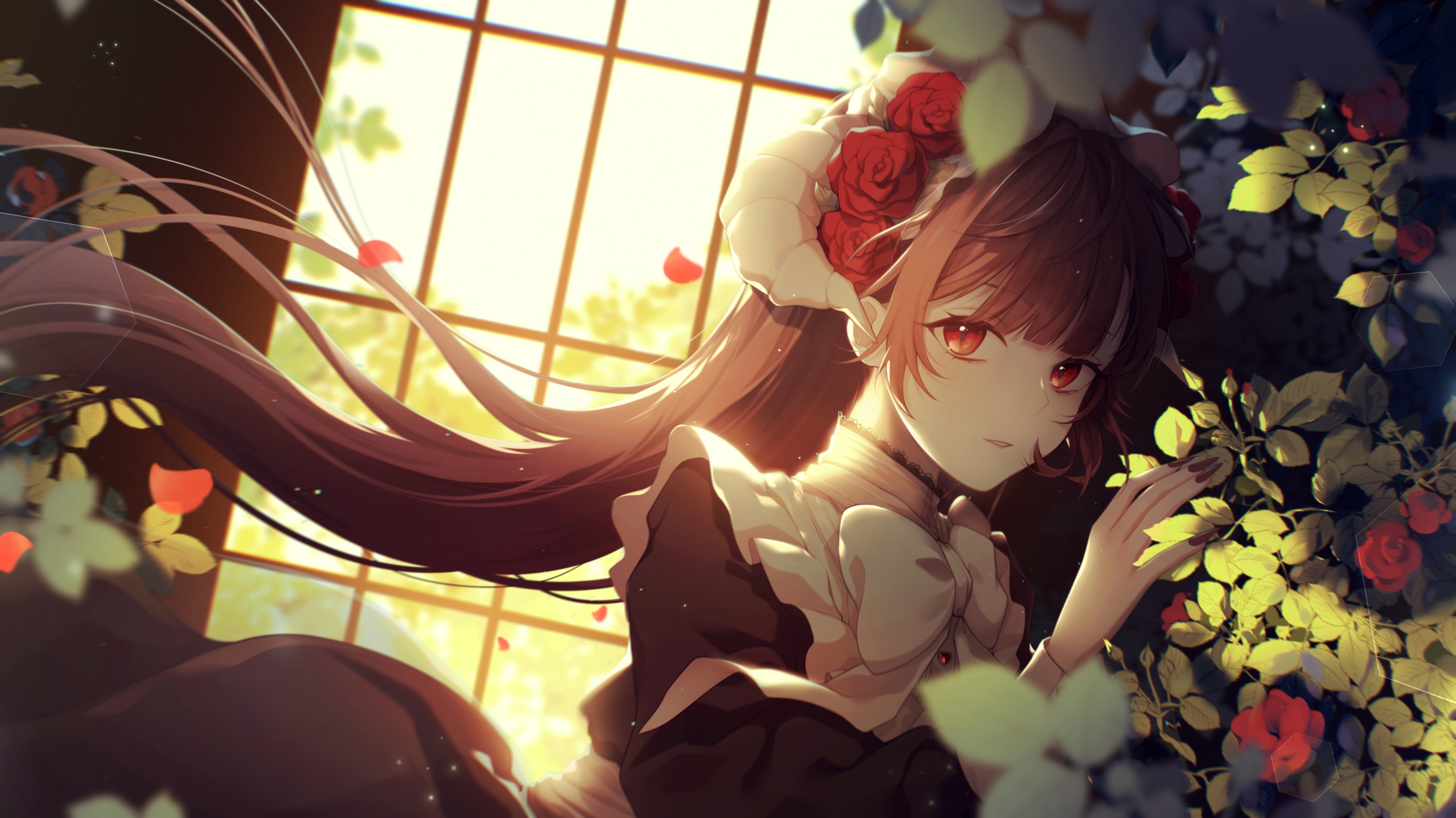 Anime girl with roses and horns in a garden HD Wallpaper