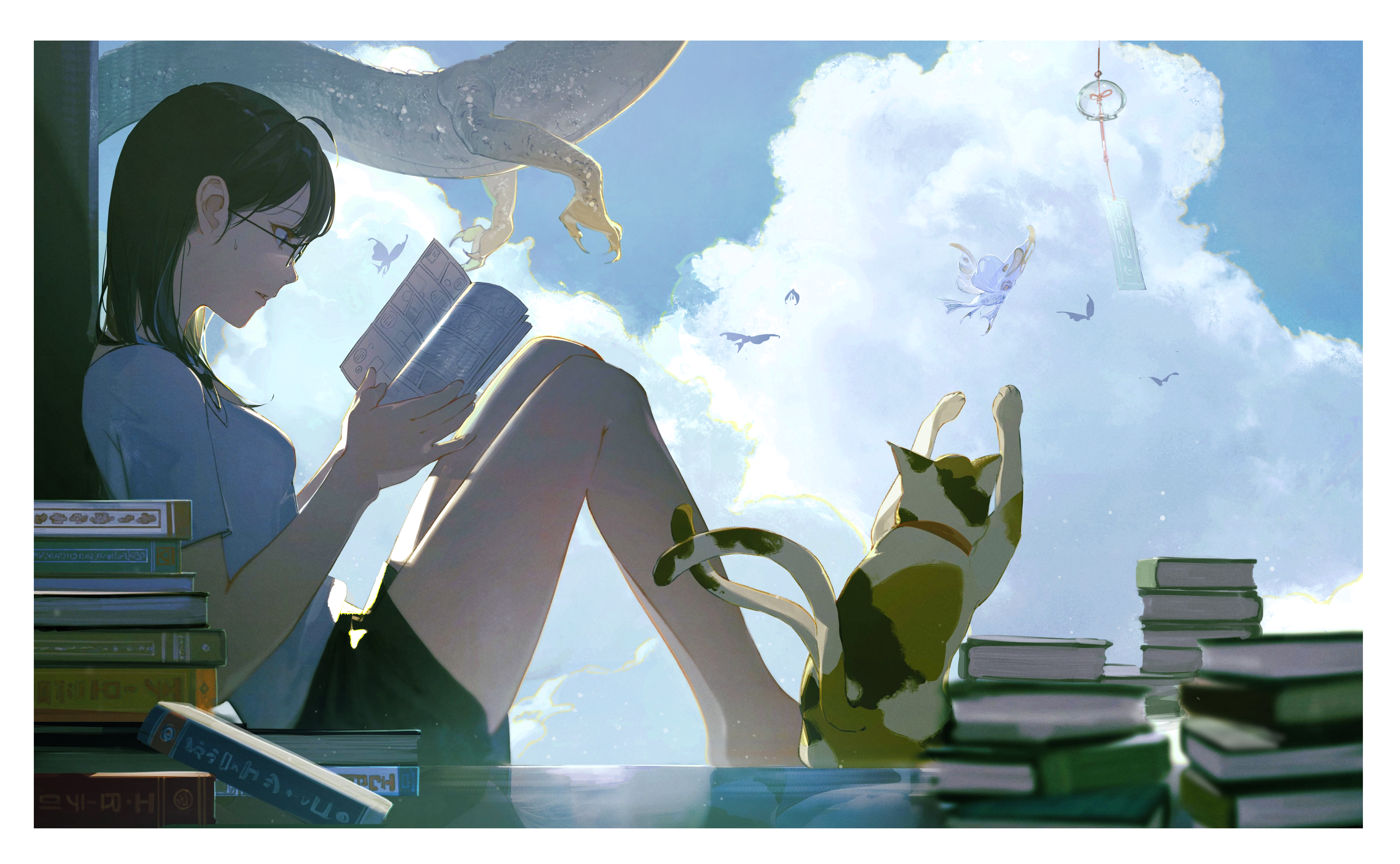 Girl reading with a cat and a dragon in the sky HD Wallpaper