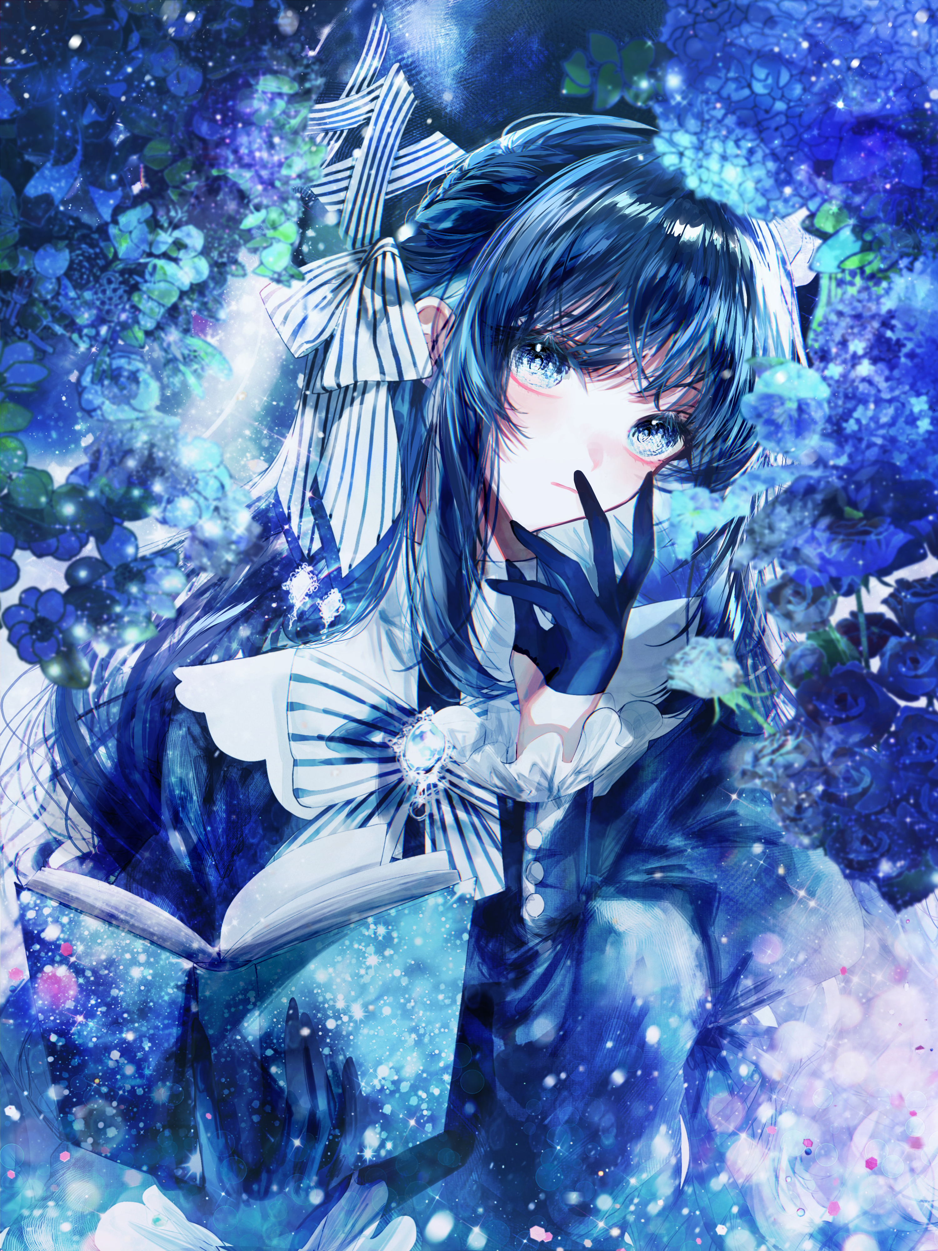 Anime girl with blue hair and blue eyes reading a book HD Phone Wallpaper