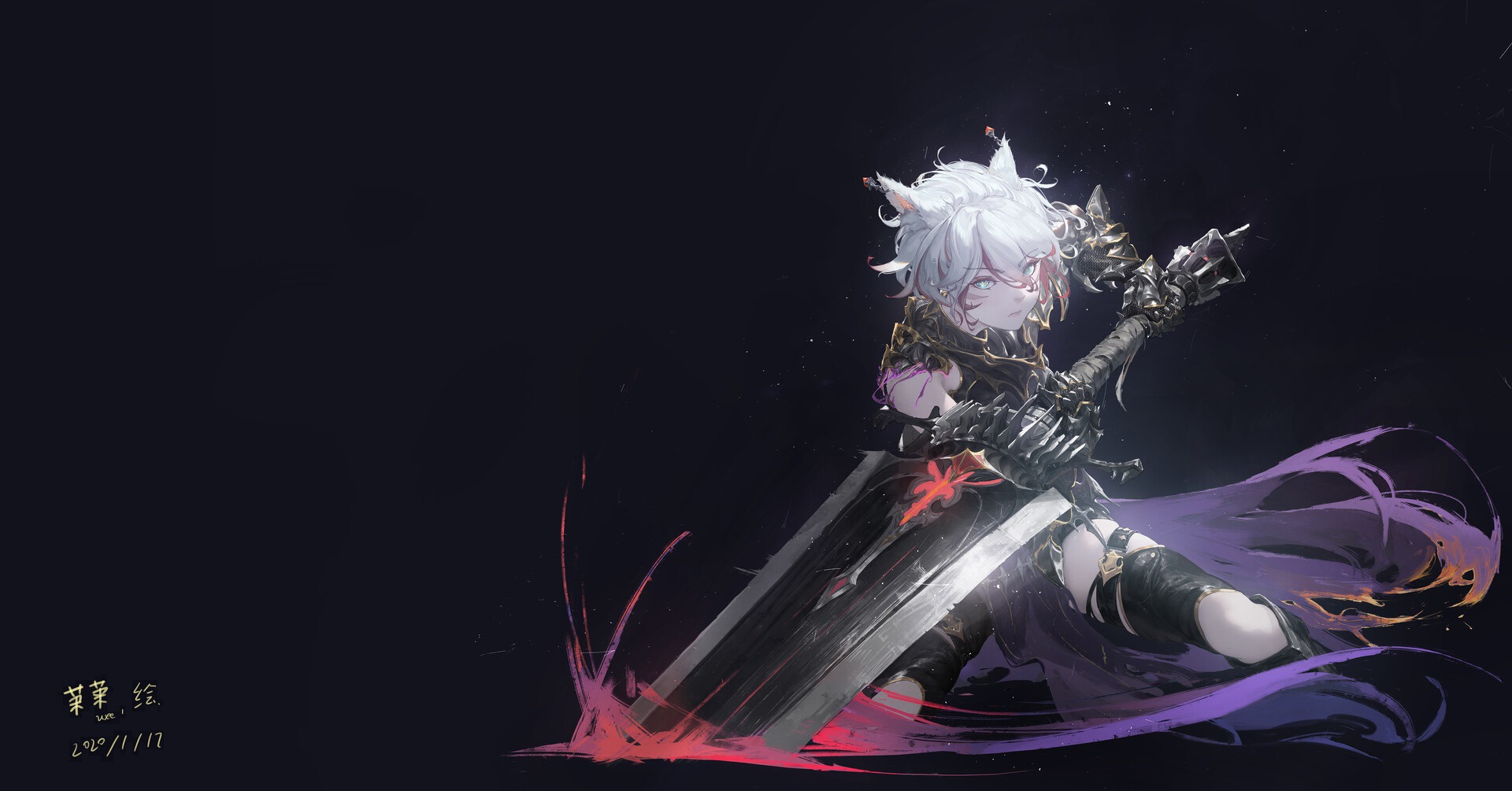 Anime girl with white hair and animal ears holding a sword HD Wallpaper