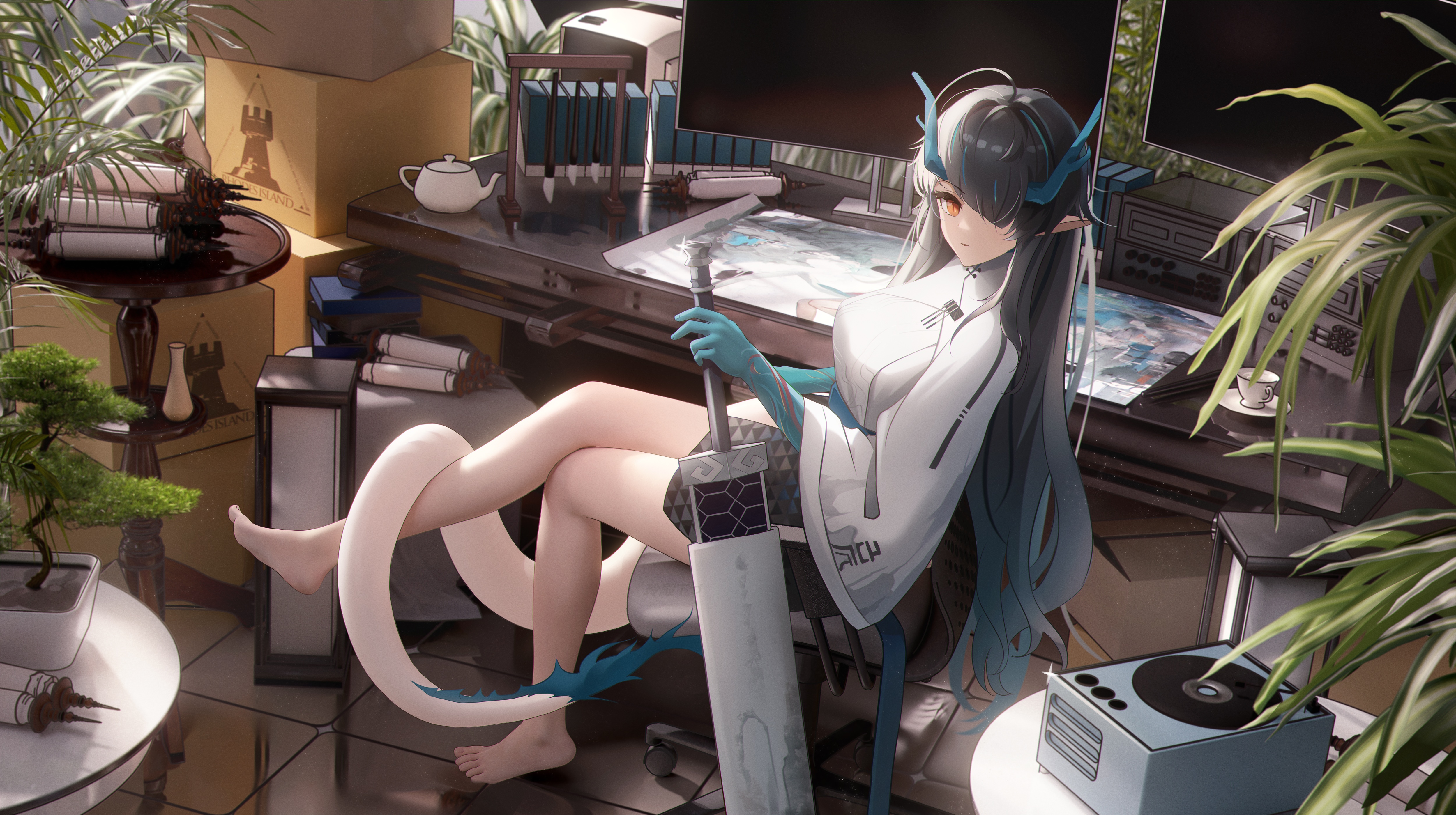 4K Arknights Dragon Girl Dusk with Weapon HD Wallpaper