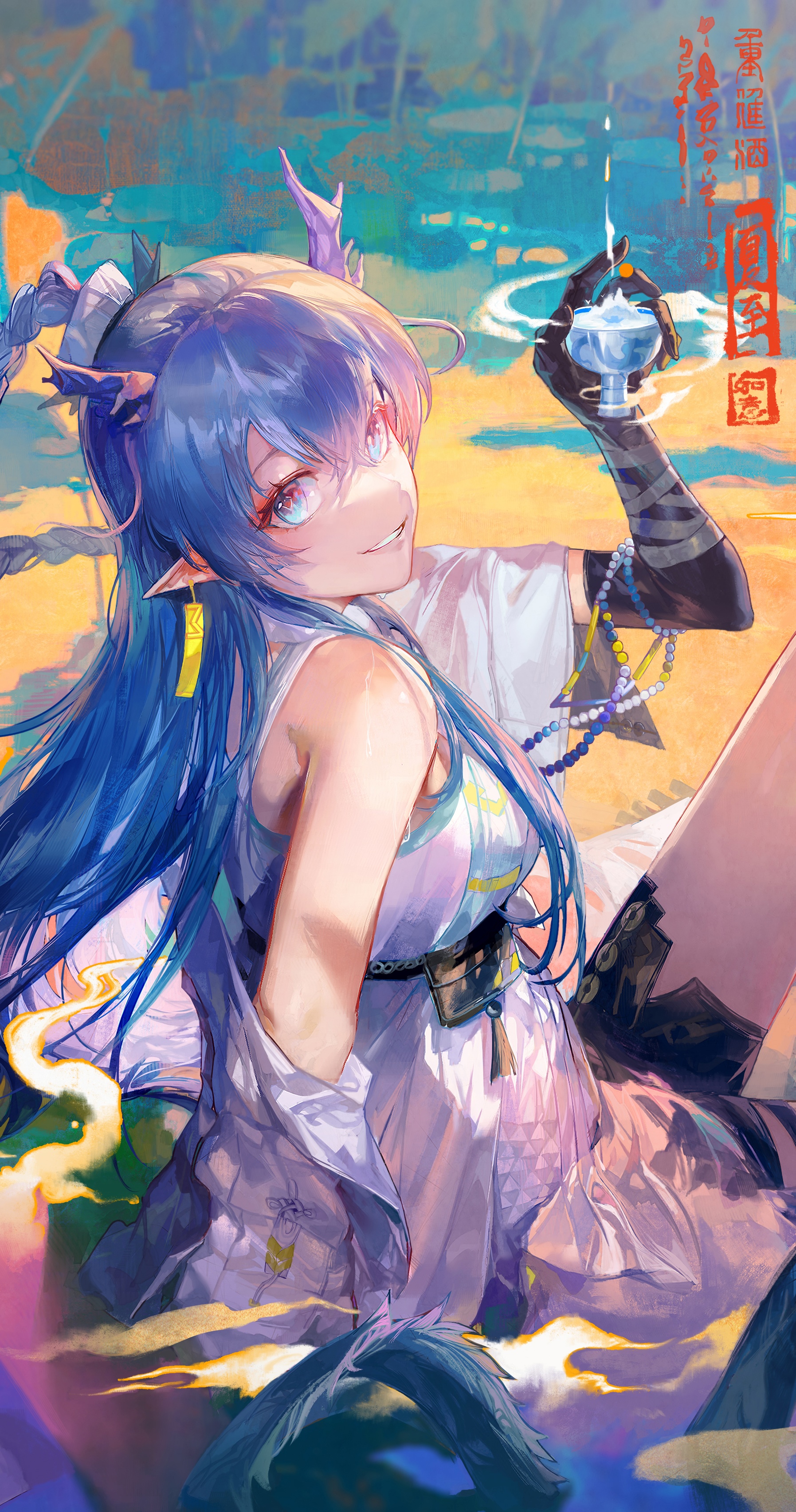 Ling from Arknights holding a drink HD Phone Wallpaper