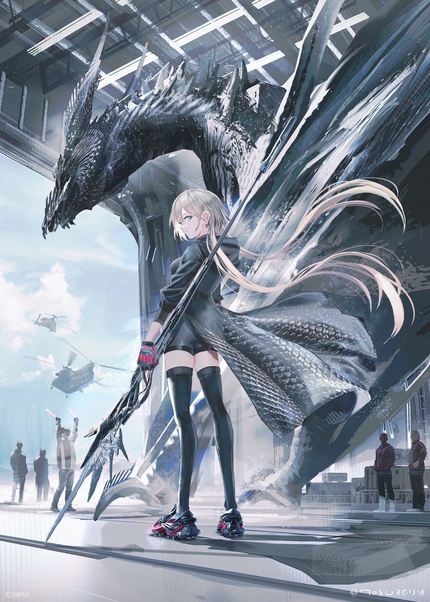 Girl with a dragon and helicopters HD Phone Wallpaper