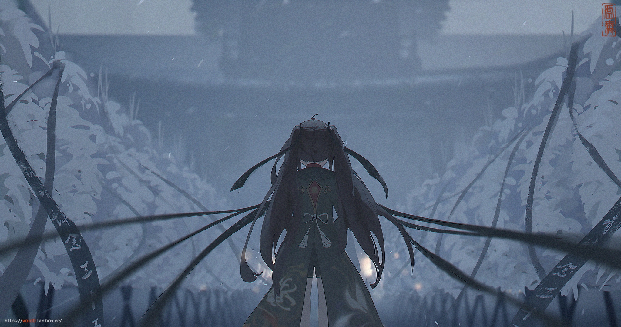 Hu Tao from Genshin Impact in a snowy environment HD Wallpaper