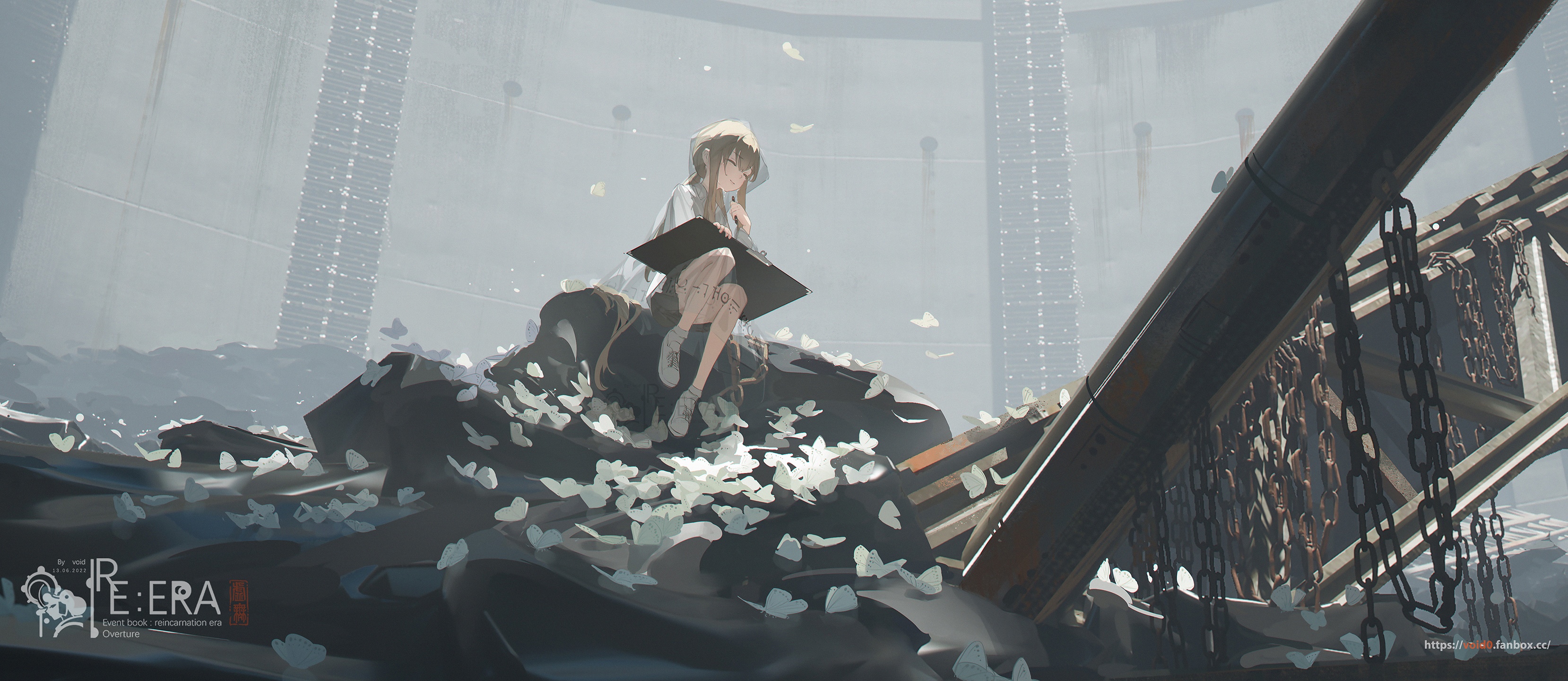 Girl sitting in ruins surrounded by butterflies HD Wallpaper