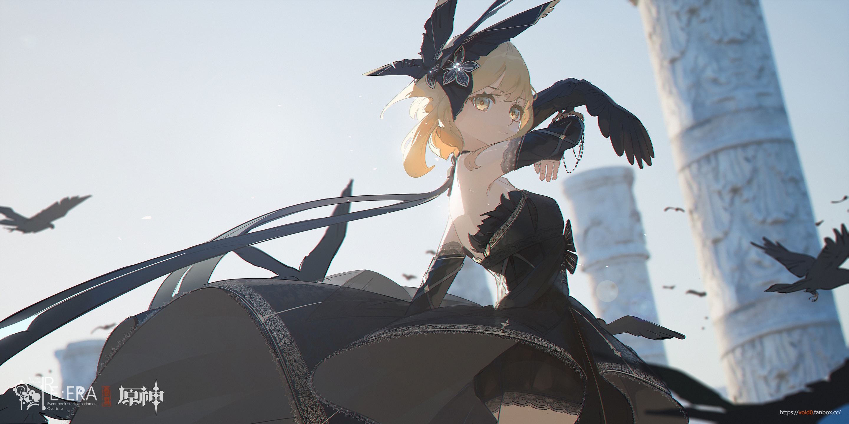 Lumine in a black dress with crows and ruins HD Wallpaper