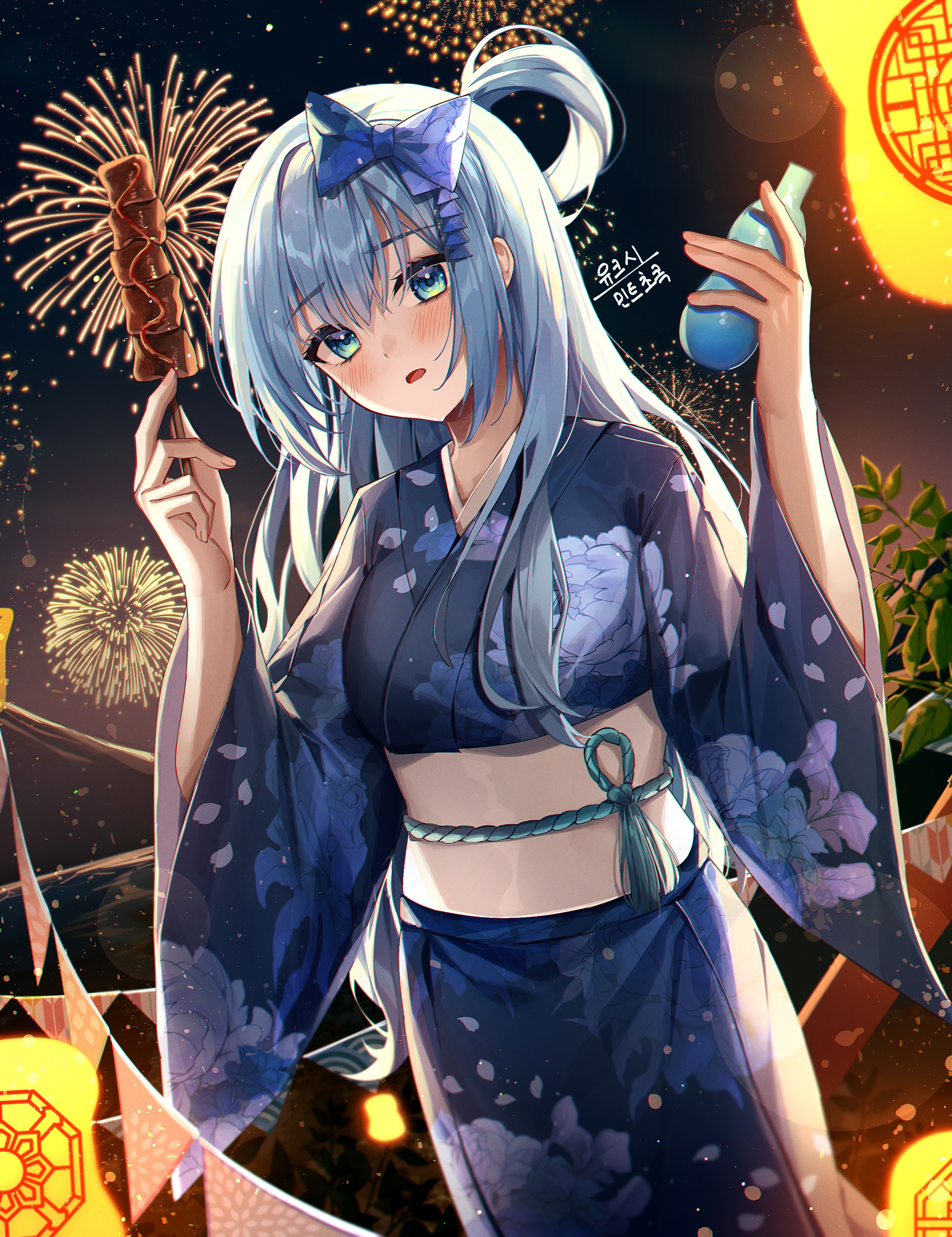Kimono Girl with Blue Hair and Fireworks HD Phone Wallpaper