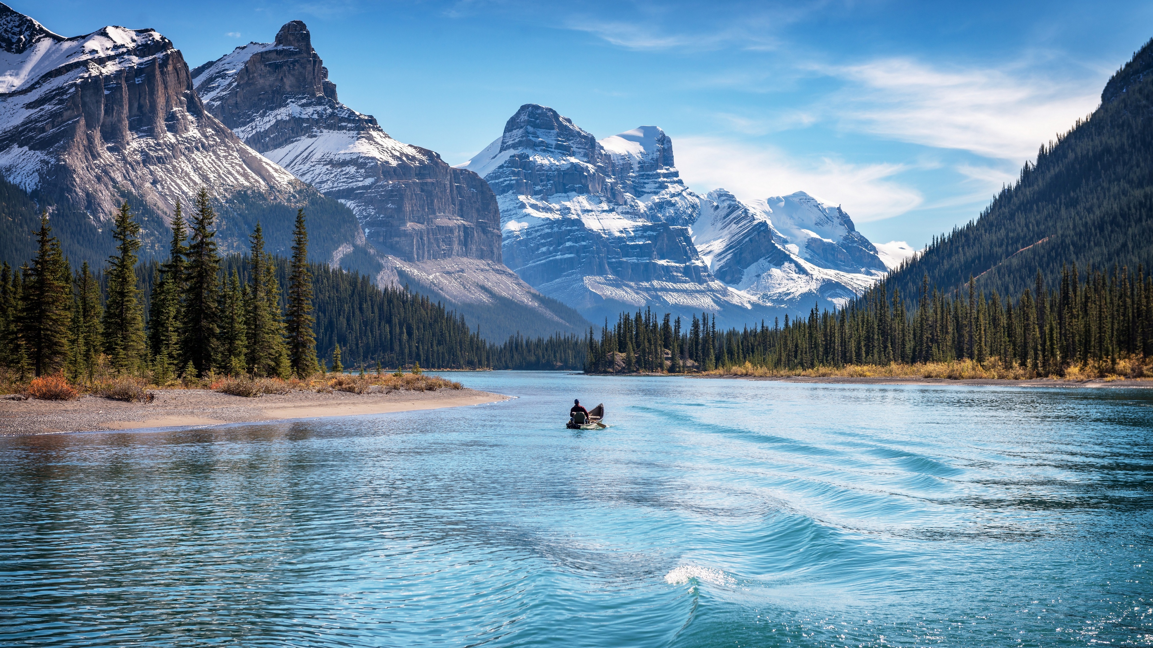 Canoe on Maligne Lake in Jasper National Park HD Wallpaper