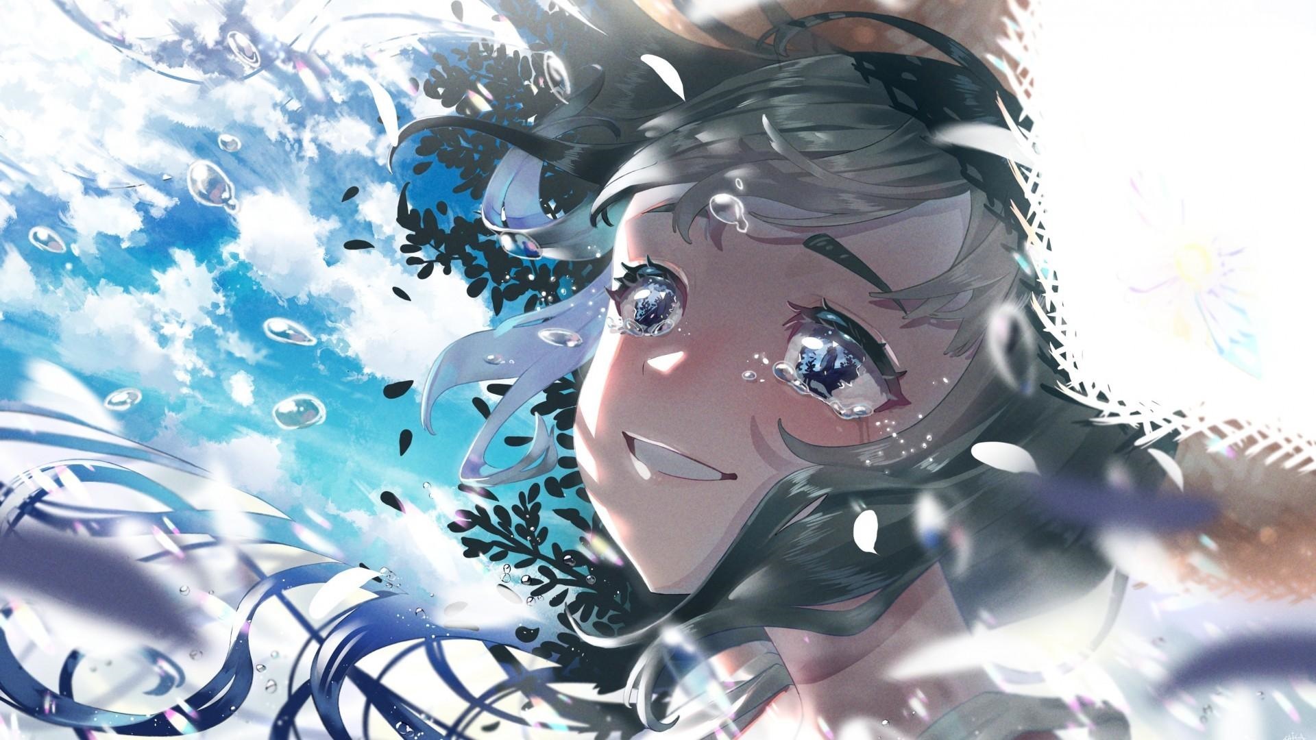 Girl with blue eyes and straw hat crying HD Wallpaper