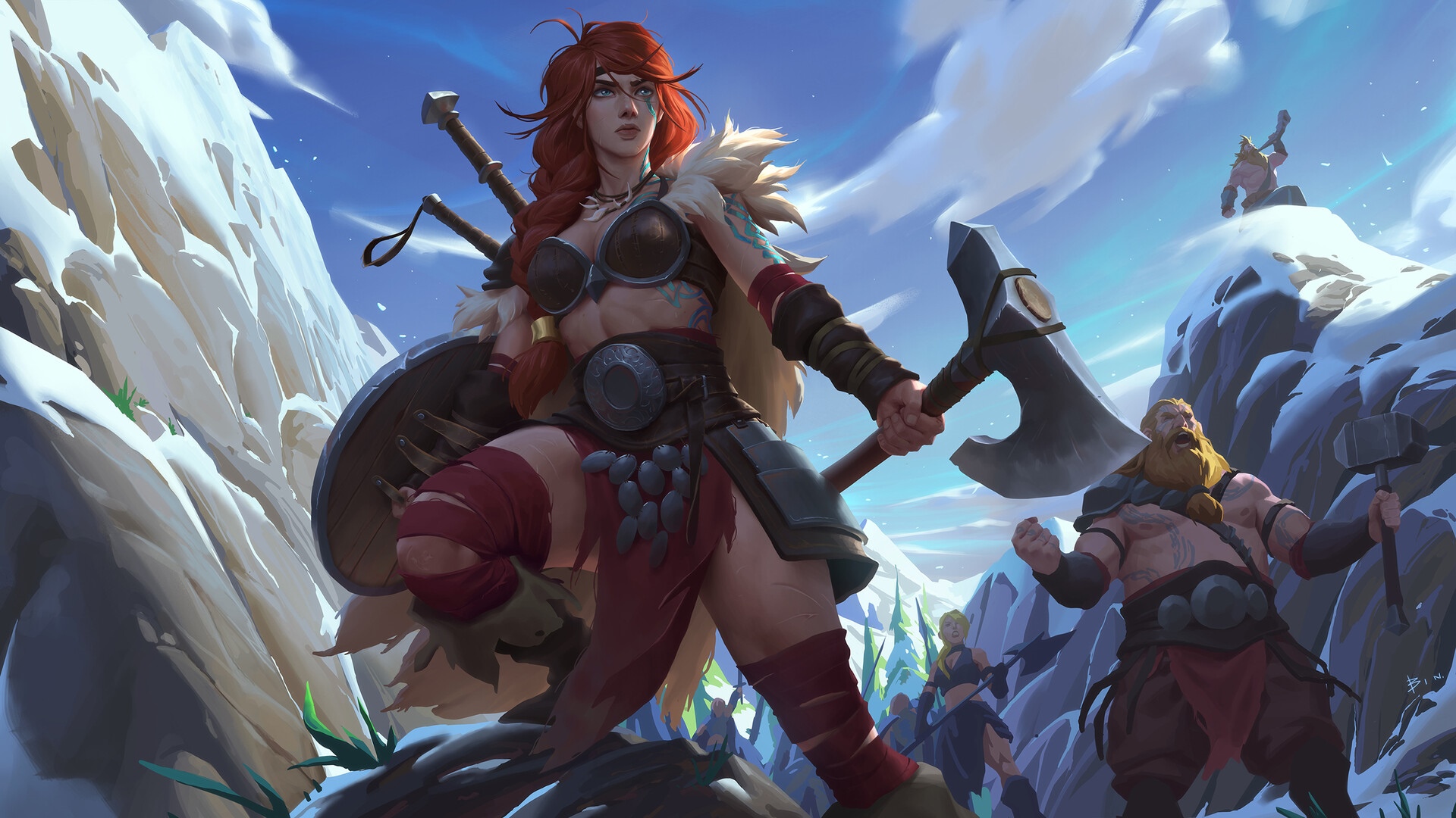 Fantasy warriors with axes and shields in snow HD Wallpaper