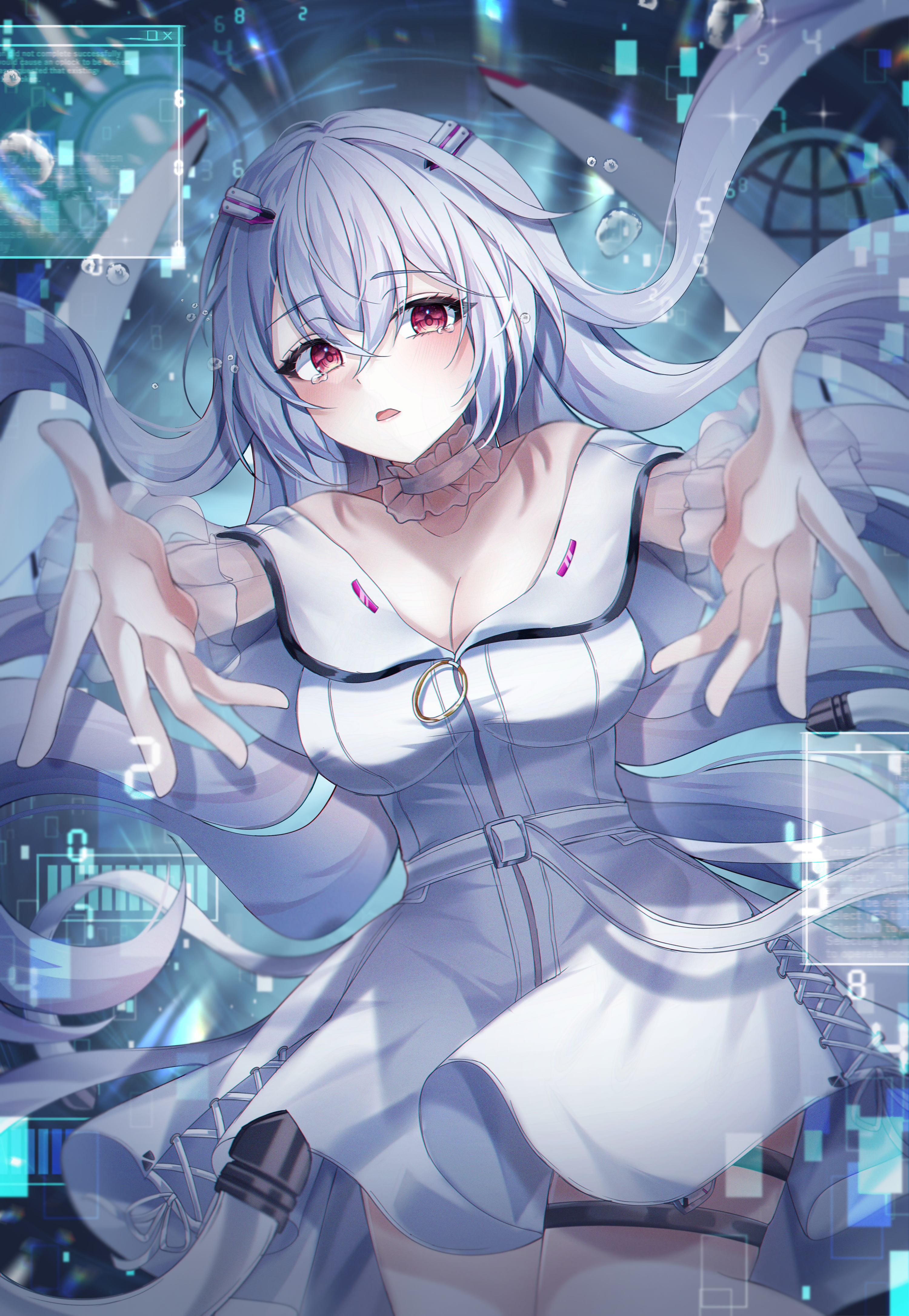 Girl with white hair and red eyes in a white dress HD Phone Wallpaper