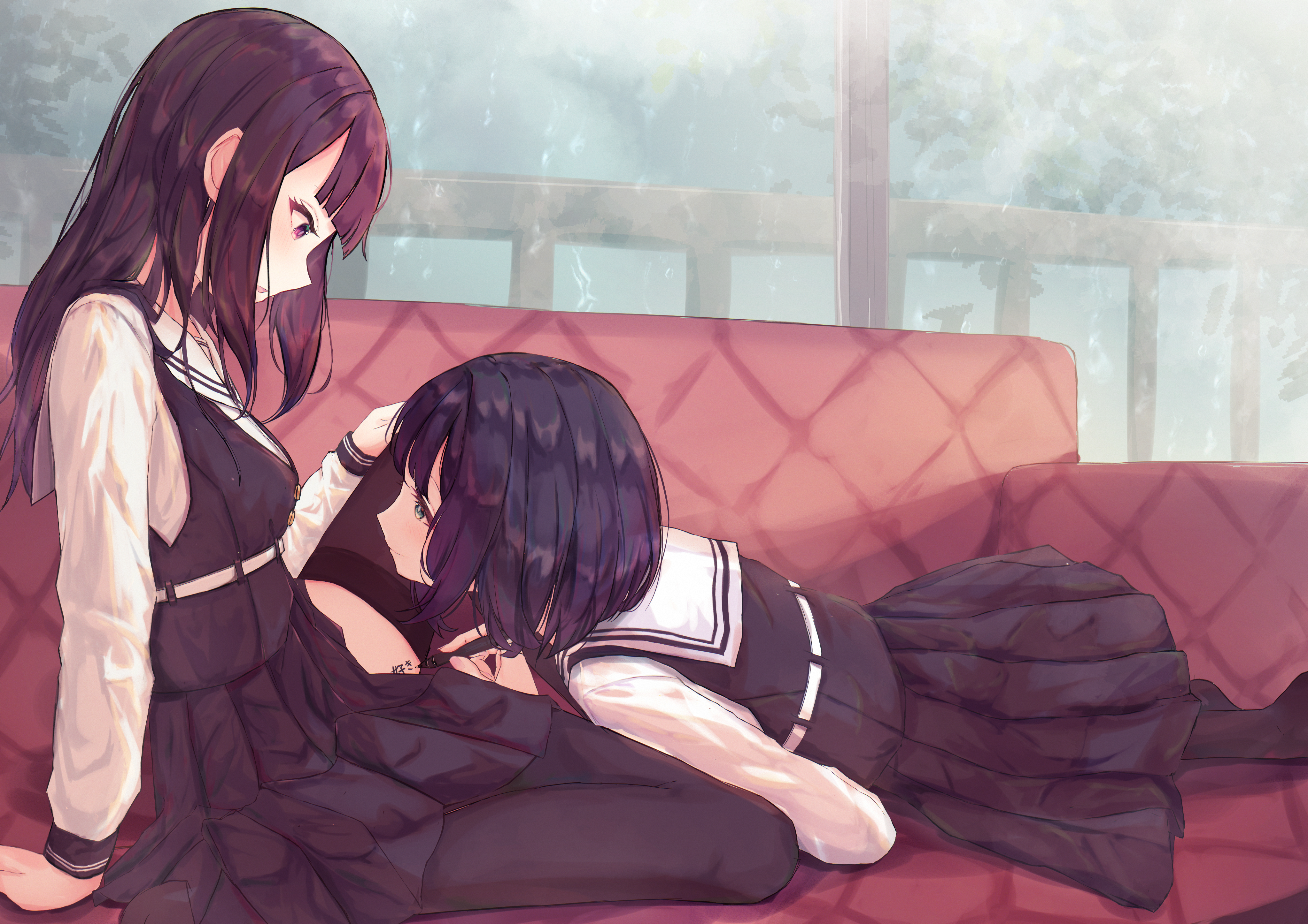 Schoolgirls in uniform on a couch HD Wallpaper