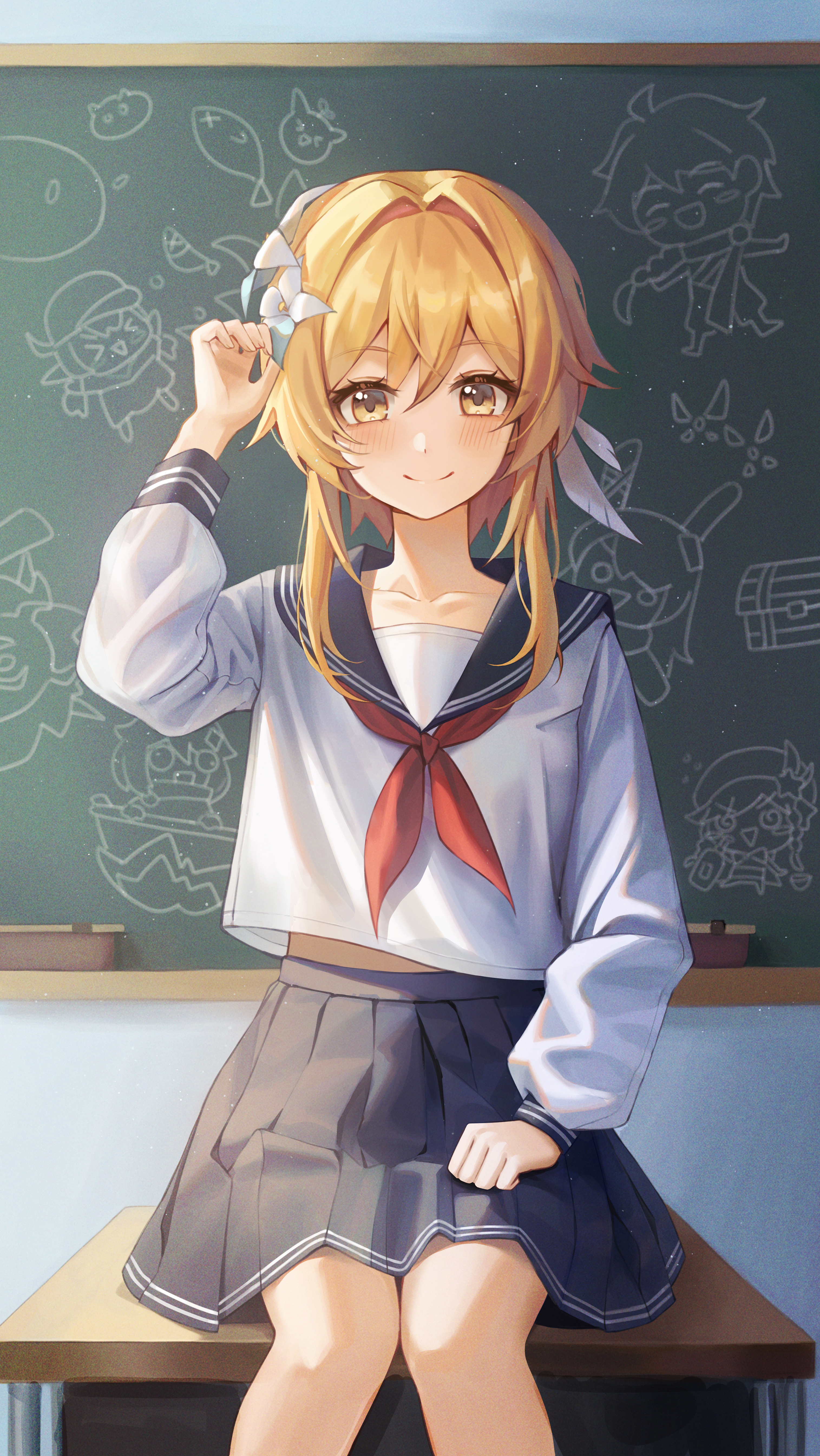 Lumine in a school uniform with drawings on a blackboard HD Phone Wallpaper