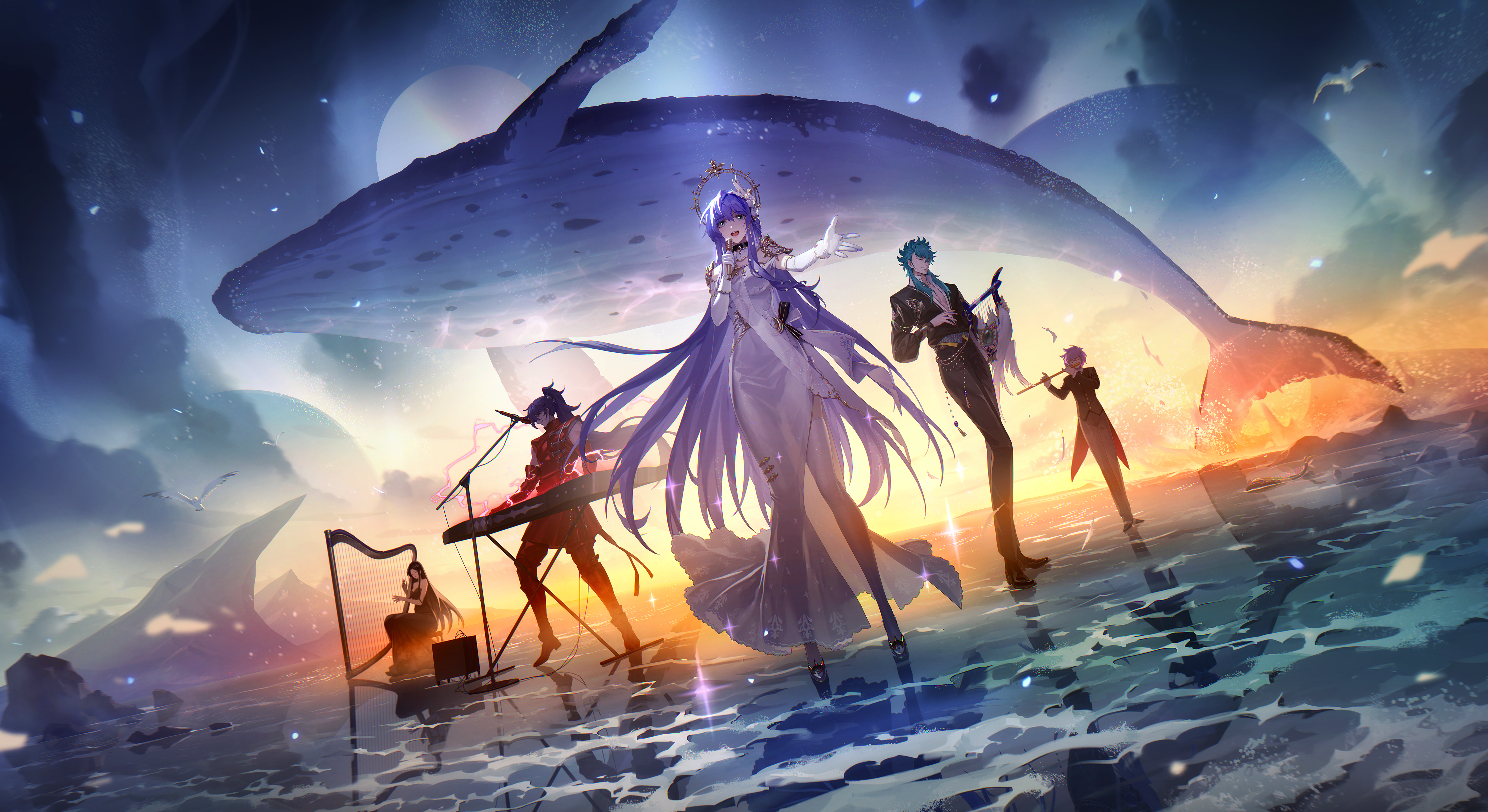 Anime characters performing music with a whale HD Wallpaper