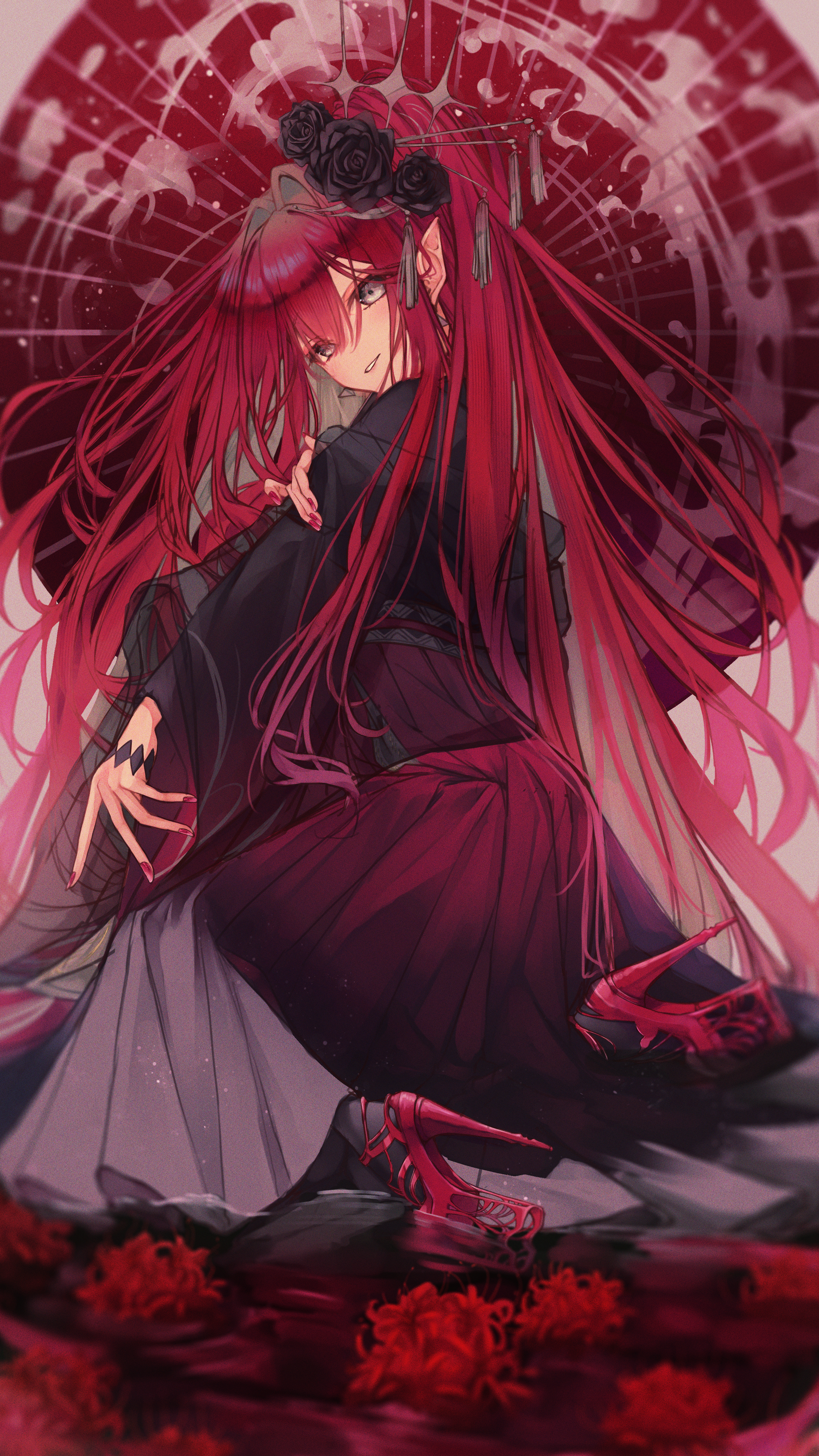 Baobhan Sith from Fate/Grand Order with red flowers HD Phone Wallpaper