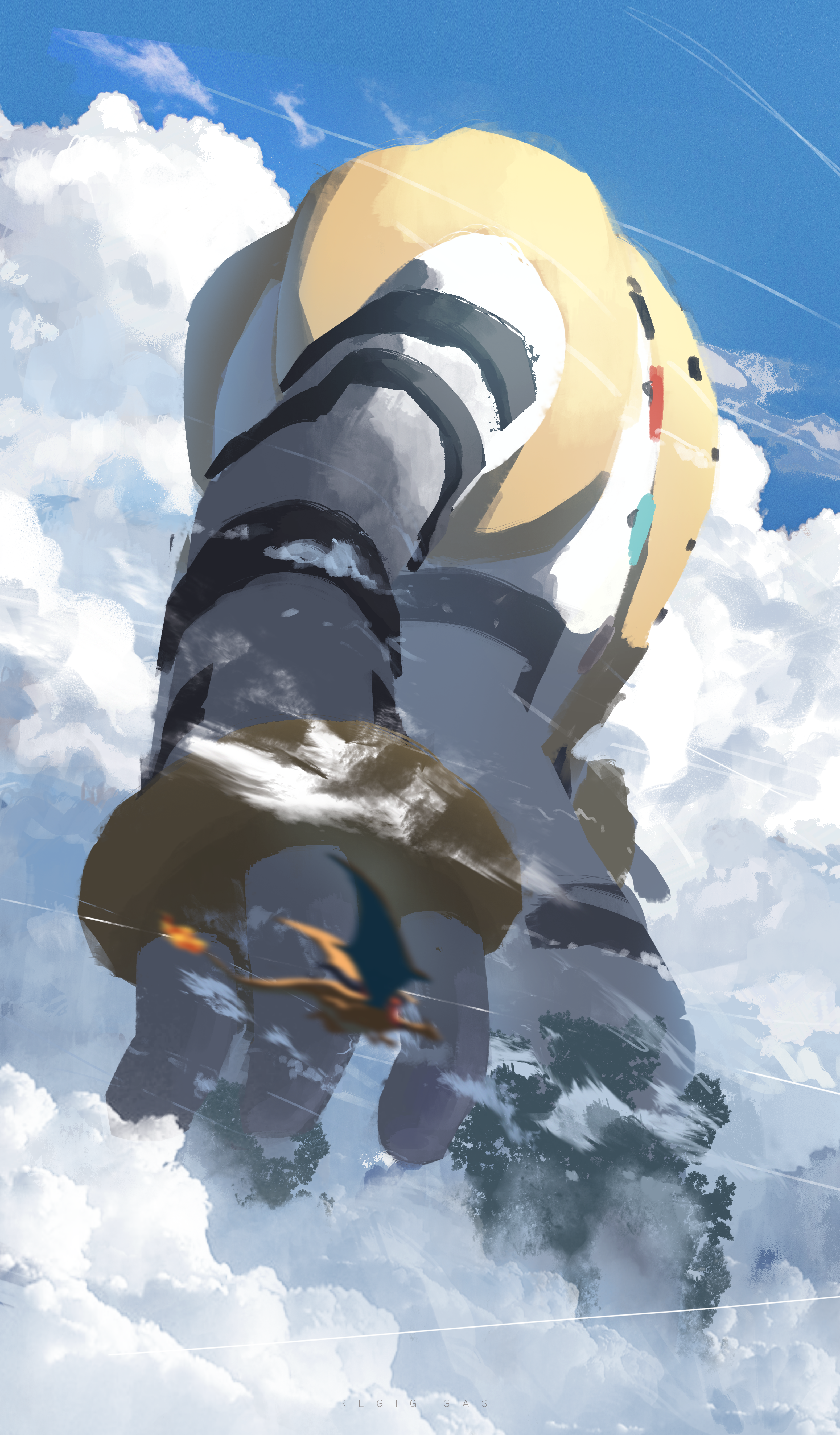 Regigigas and Charizard flying through clouds HD Phone Wallpaper