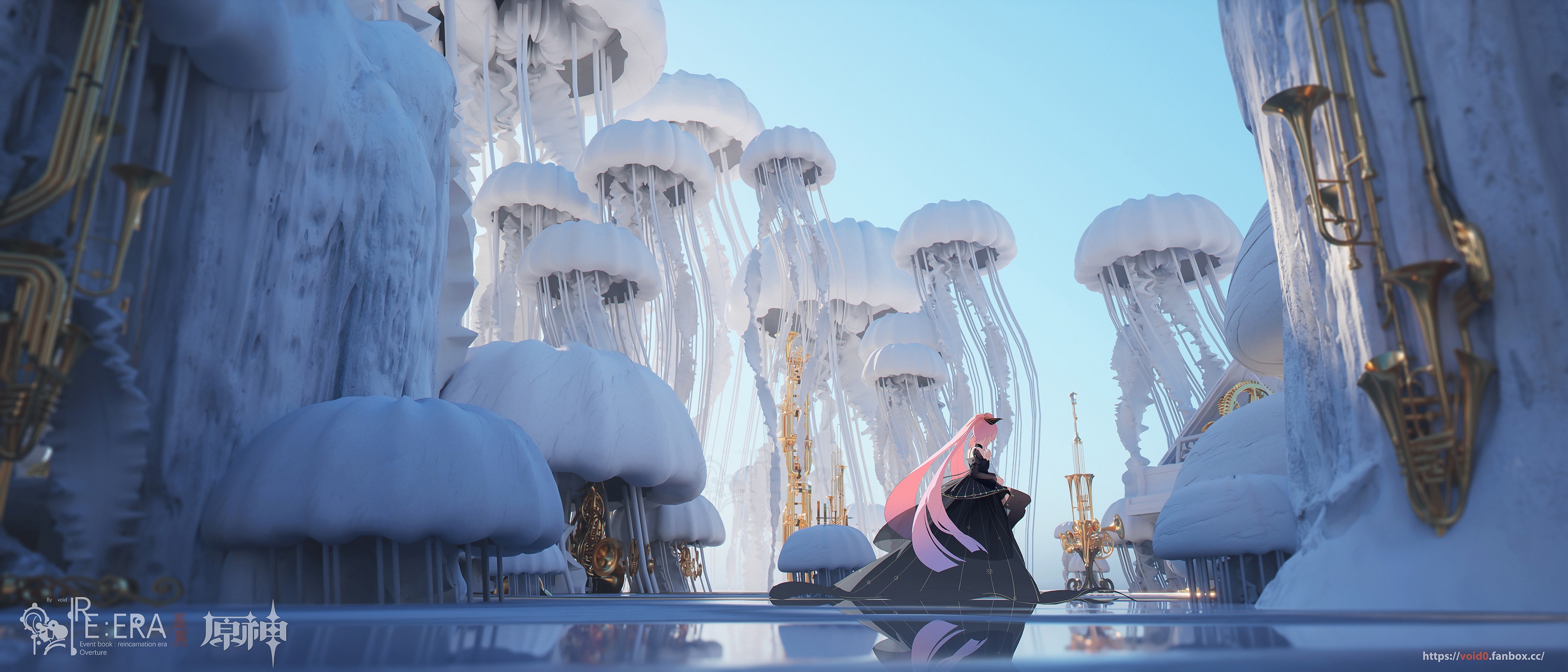 Sangonomiya Kokomi in a surreal icy landscape with jellyfish HD Wallpaper