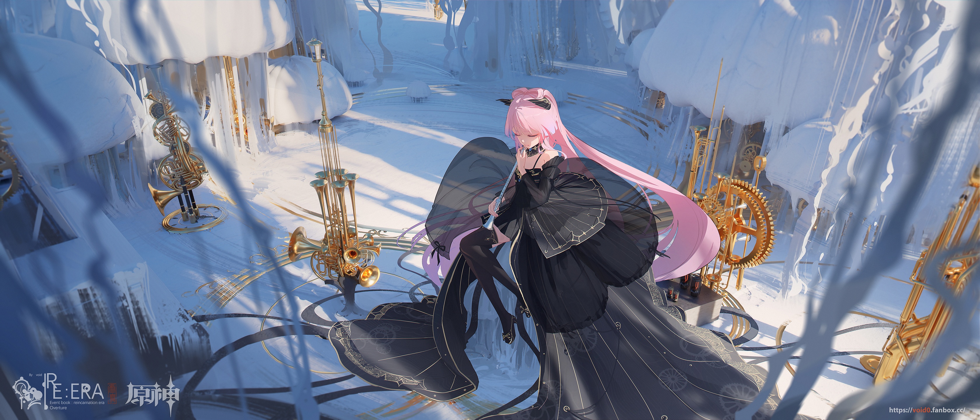 Sangonomiya Kokomi in a snowy, icy environment with brass instruments HD Wallpaper