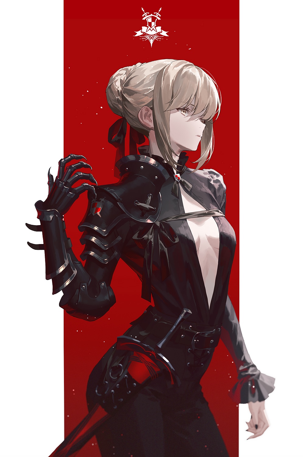 Saber in black armor with a red background HD Phone Wallpaper