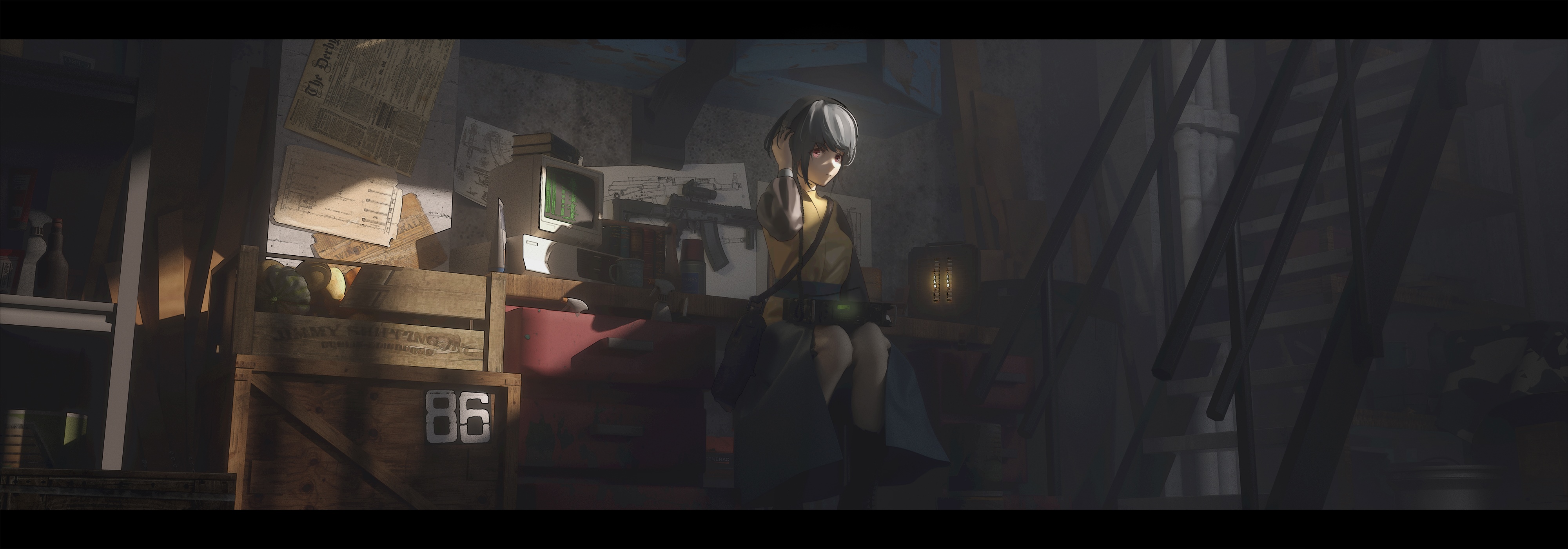 4K anime girl in a cluttered room HD Wallpaper