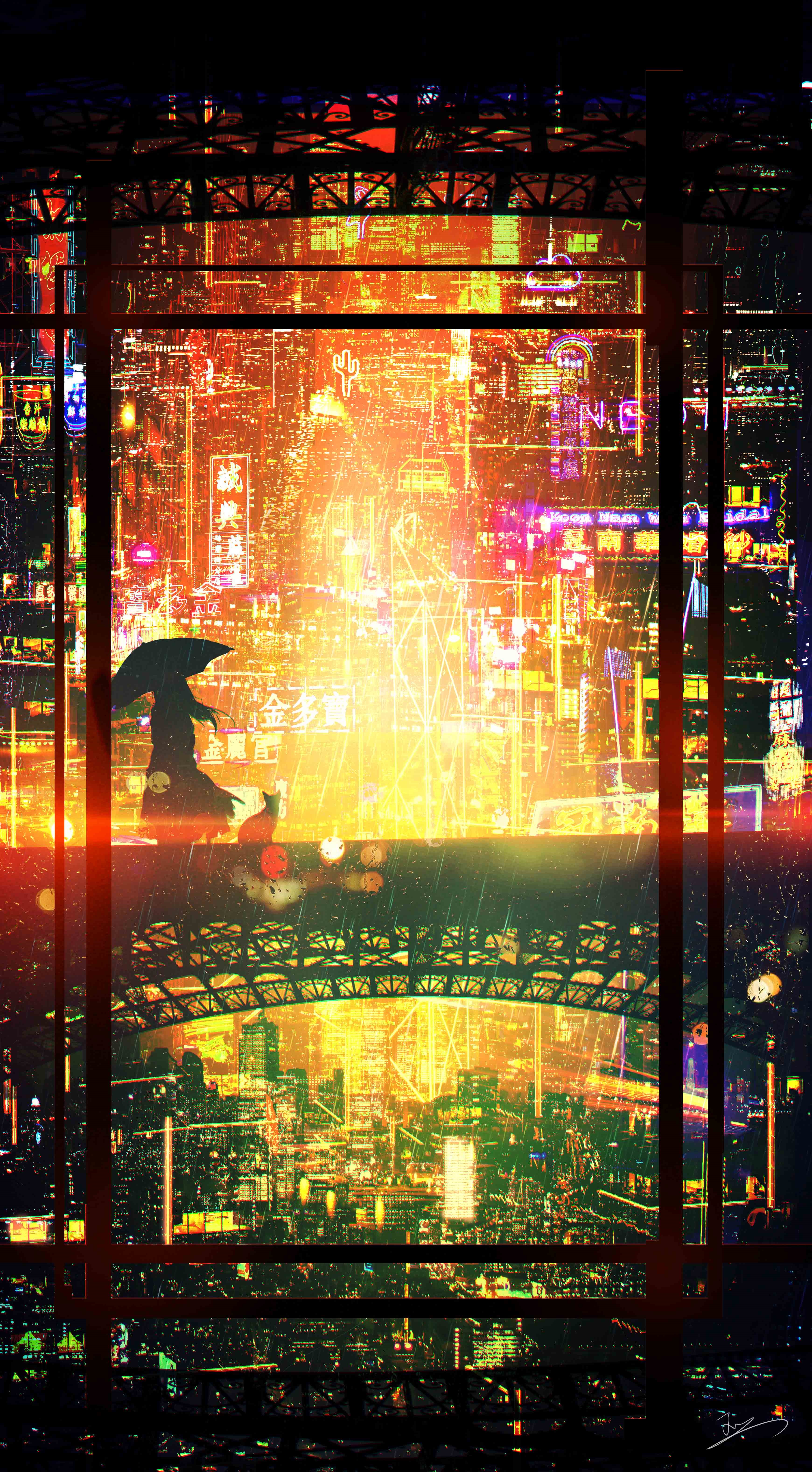 Girl with umbrella and cat in a neon city HD Phone Wallpaper