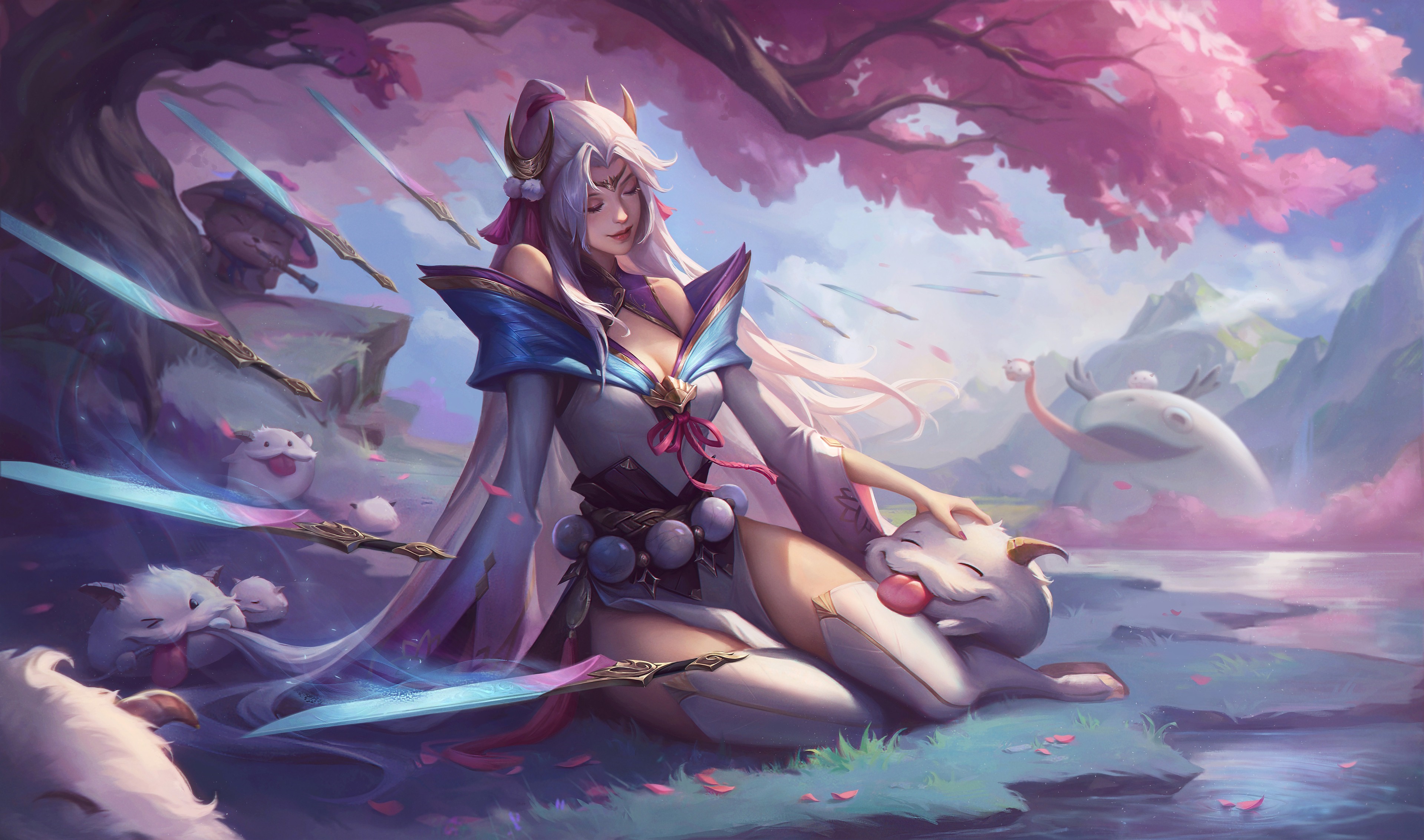 Irelia with Poro and swords under a cherry blossom tree HD Wallpaper