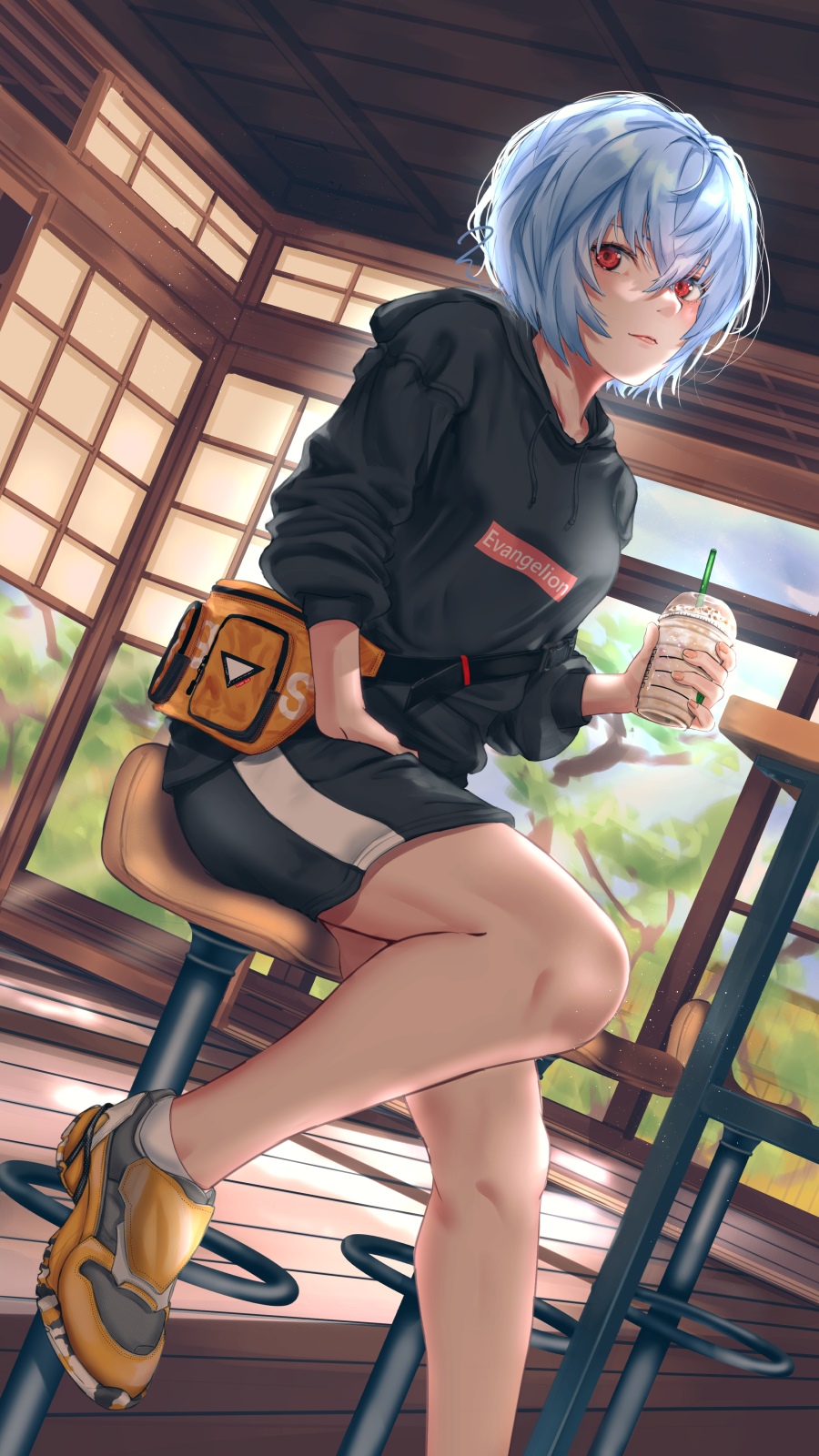 Ayanami Rei from Evangelion holding a drink HD Phone Wallpaper
