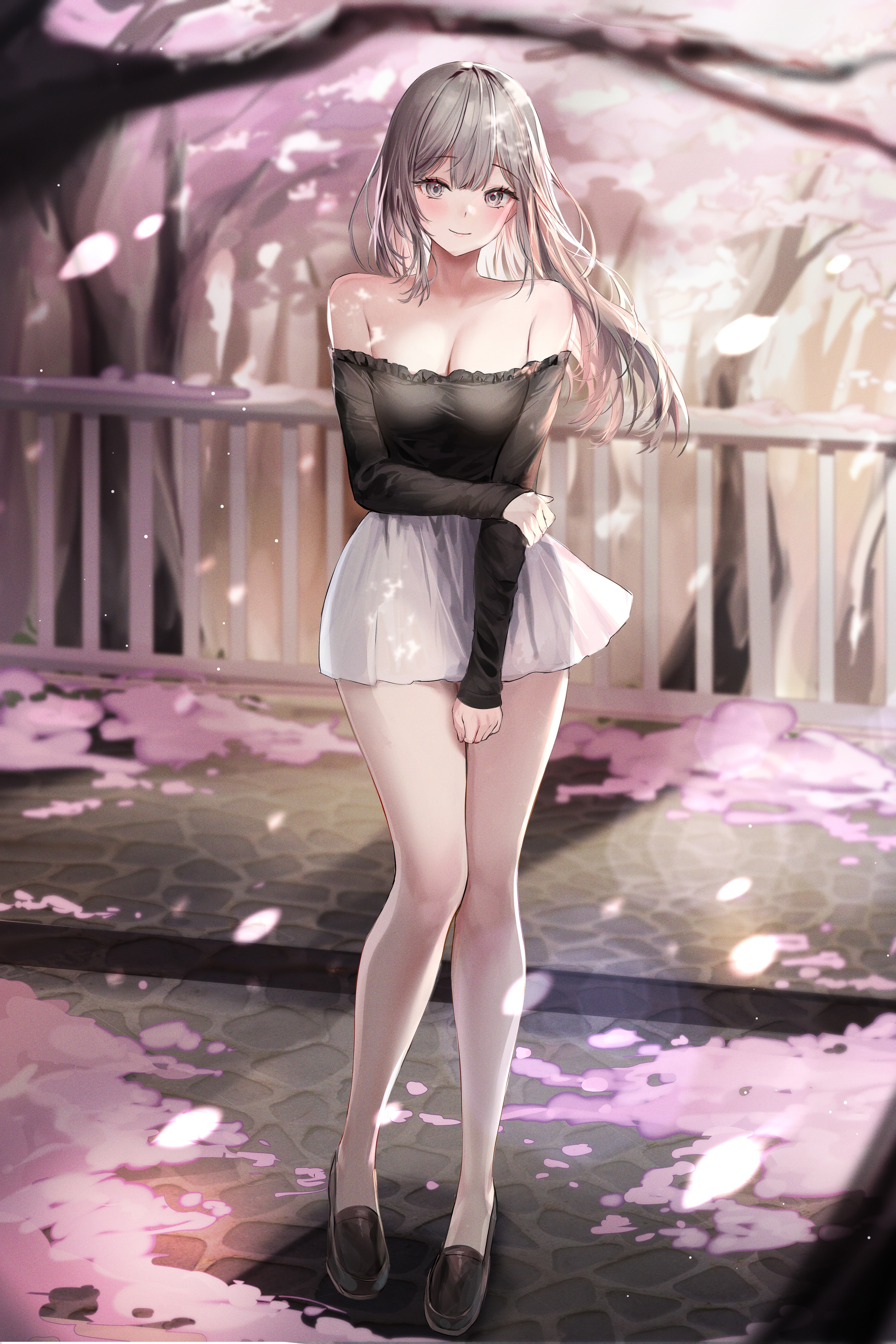 Girl in black off-shoulder top and miniskirt HD Phone Wallpaper