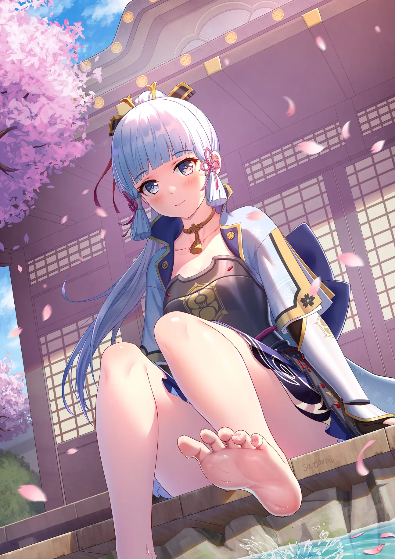 Kamisato Ayaka from Genshin Impact with cherry blossoms HD Phone Wallpaper
