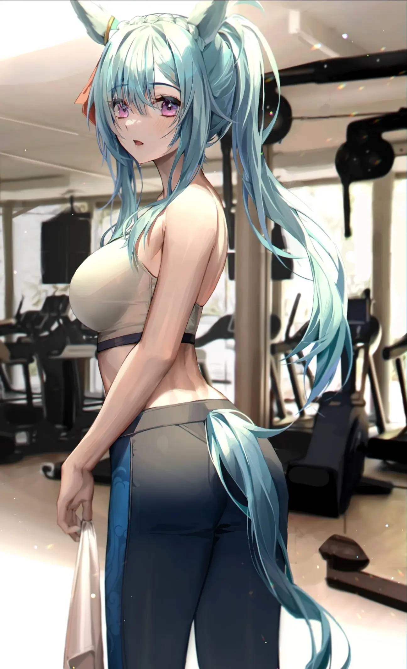 Anime girl with blue hair and animal ears in a gym HD Phone Wallpaper