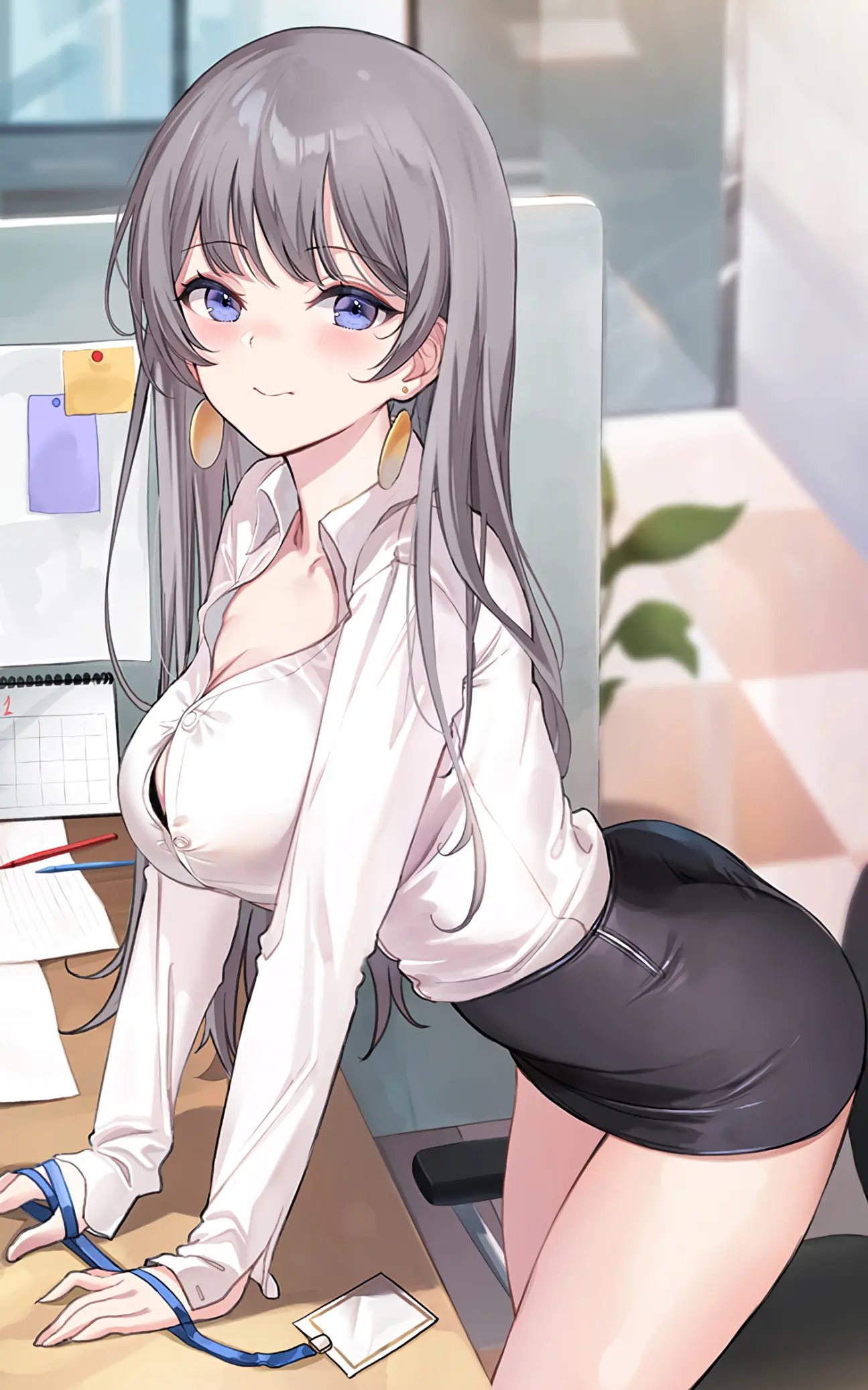 Anime office girl with gray hair and blue eyes HD Phone Wallpaper