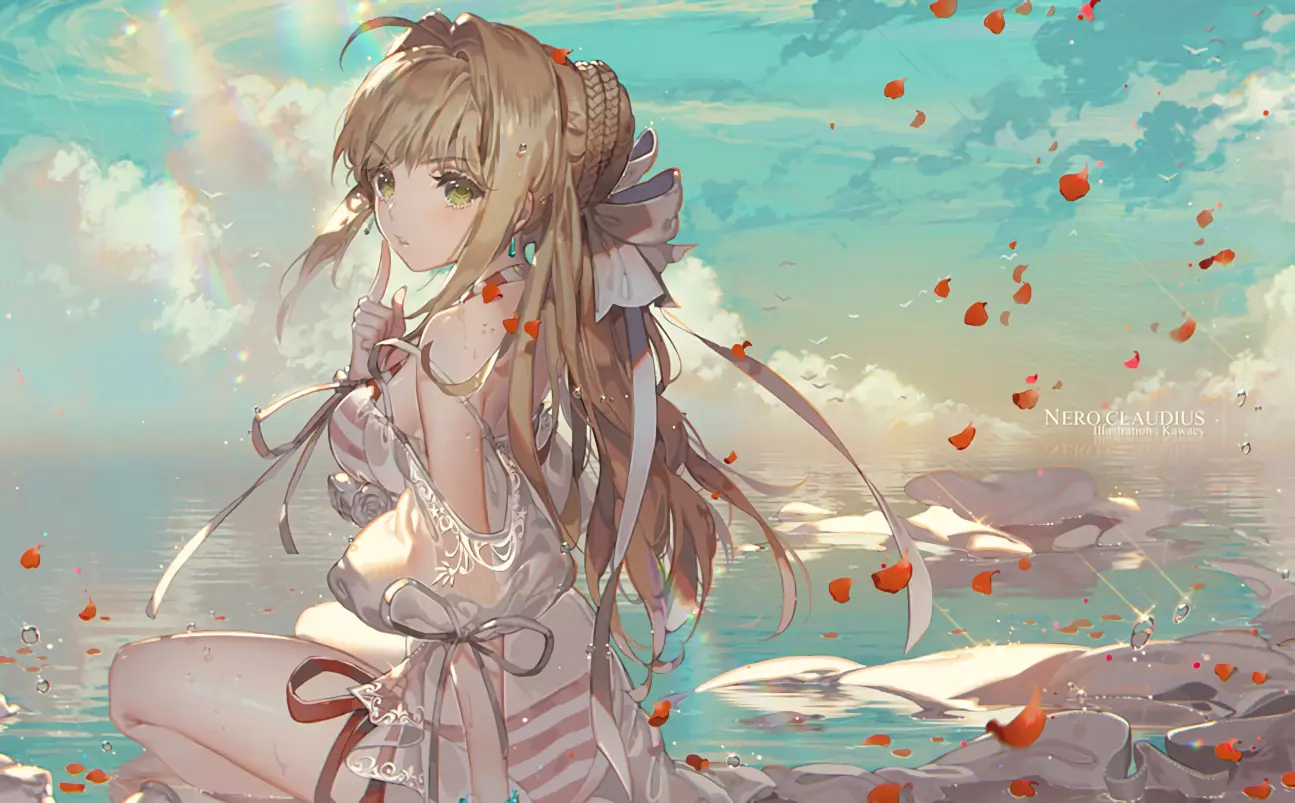 Nero Claudius Sitting by the Water with Petals HD Wallpaper