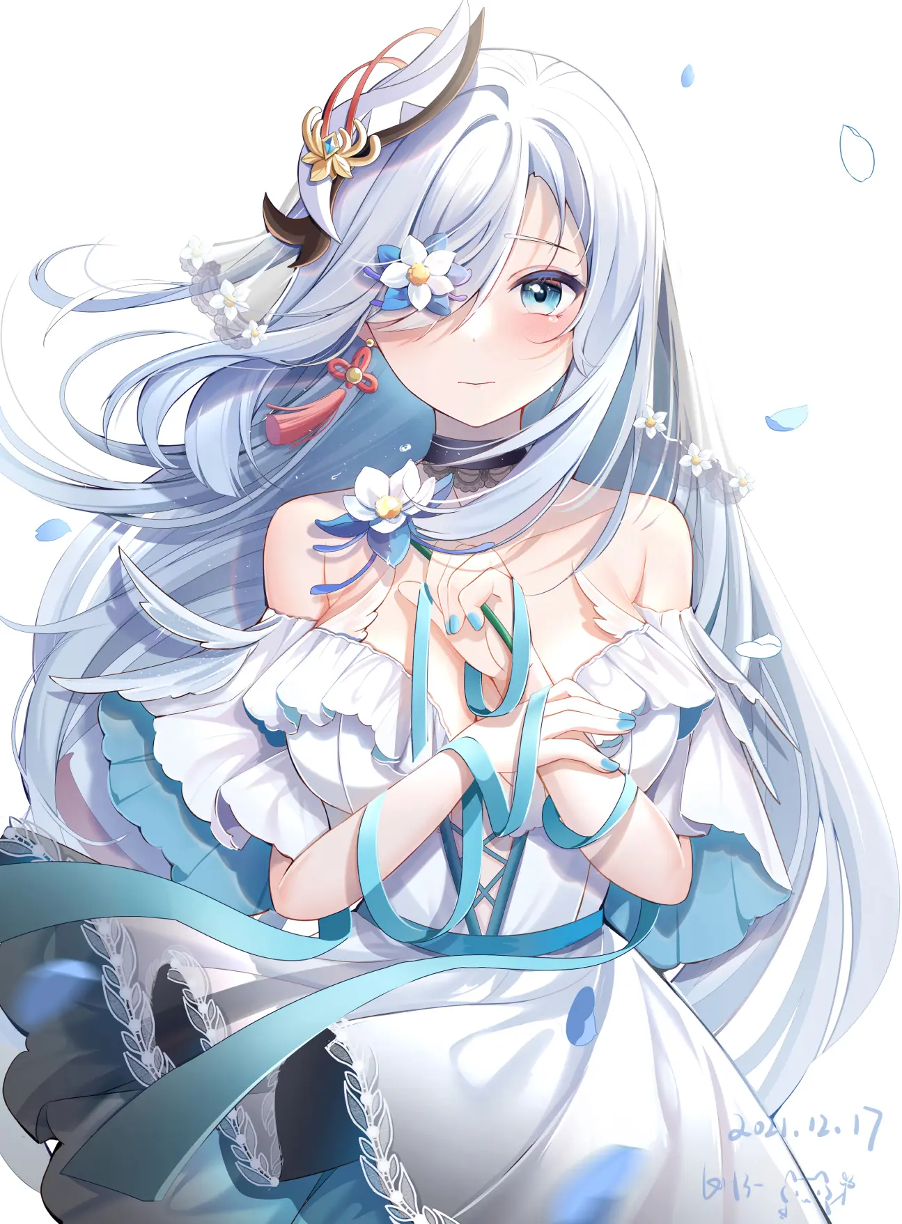 Shenhe from Genshin Impact with blue hair and flowers HD Phone Wallpaper