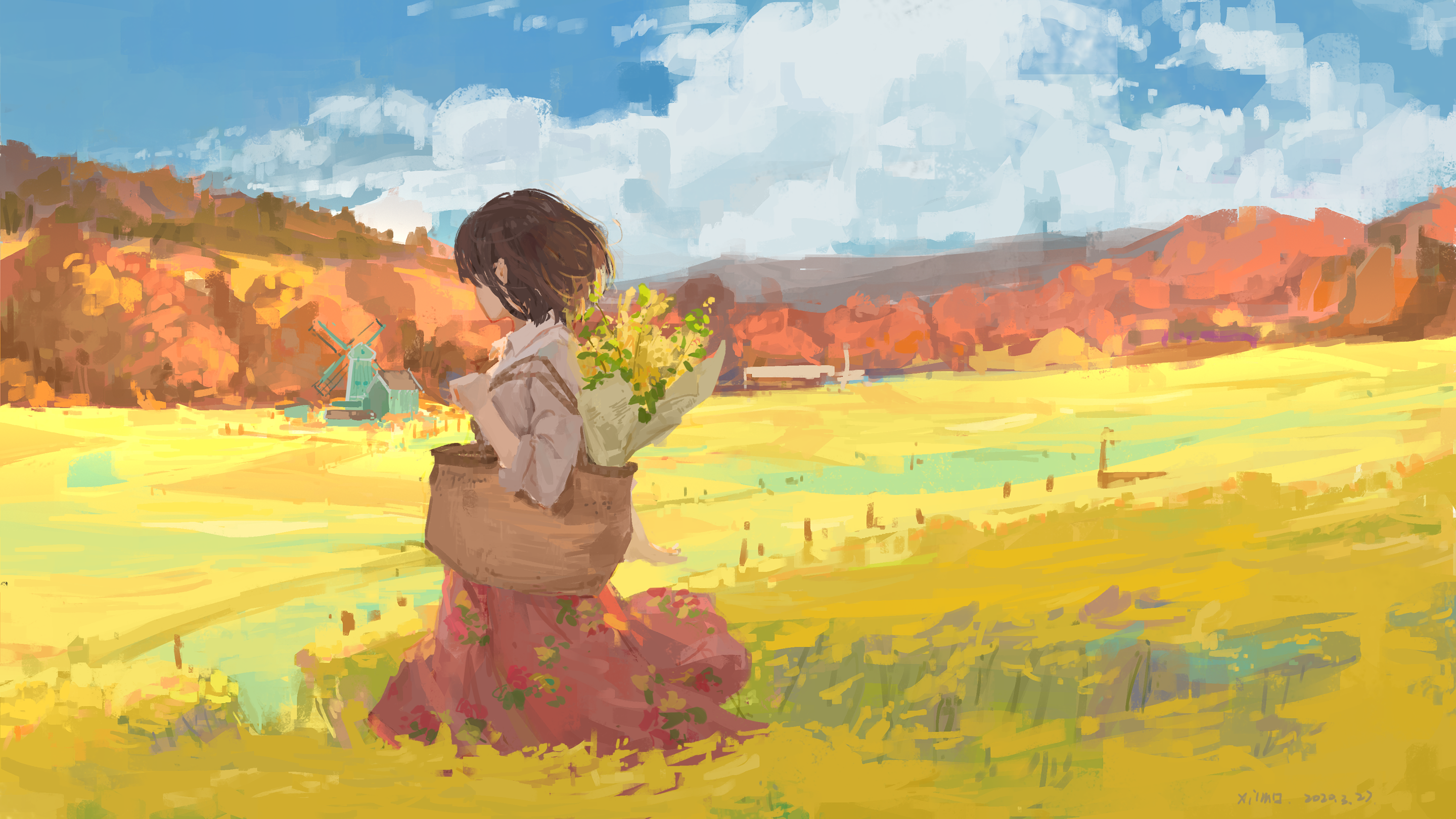 Painting of a girl with flowers in a field HD Wallpaper