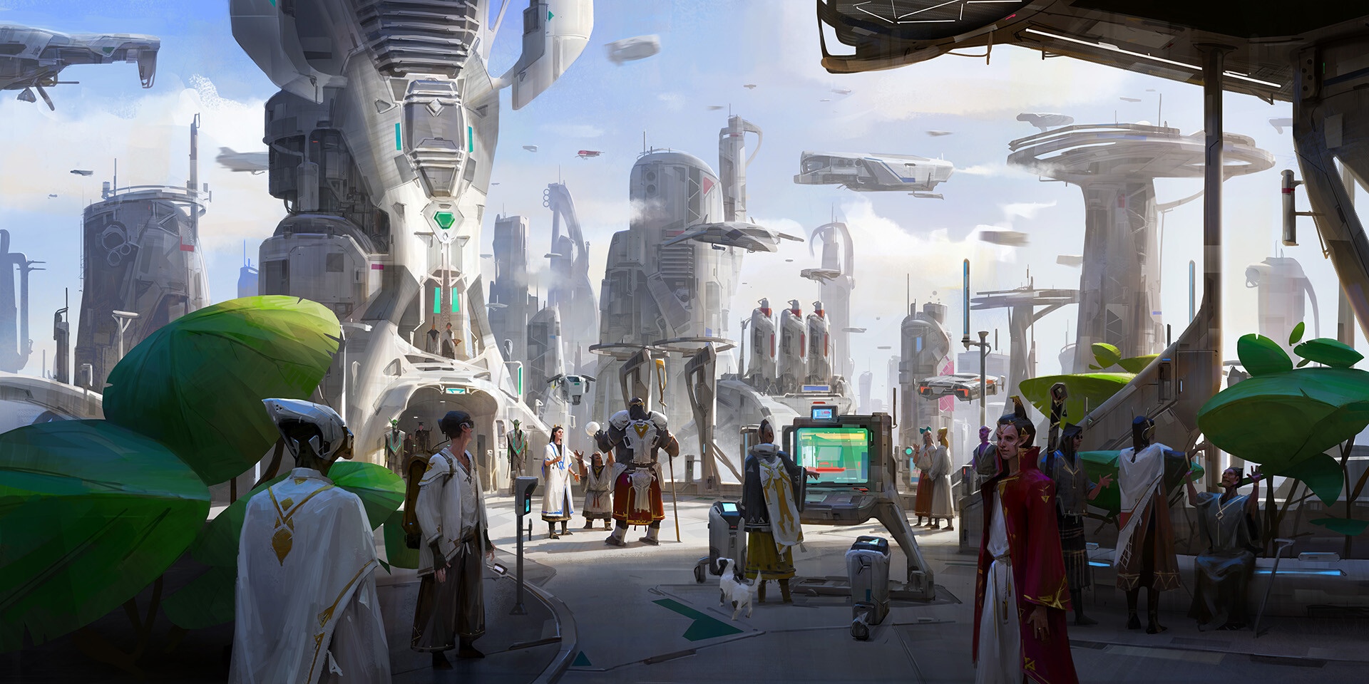 Futuristic city with people and flying vehicles HD Wallpaper