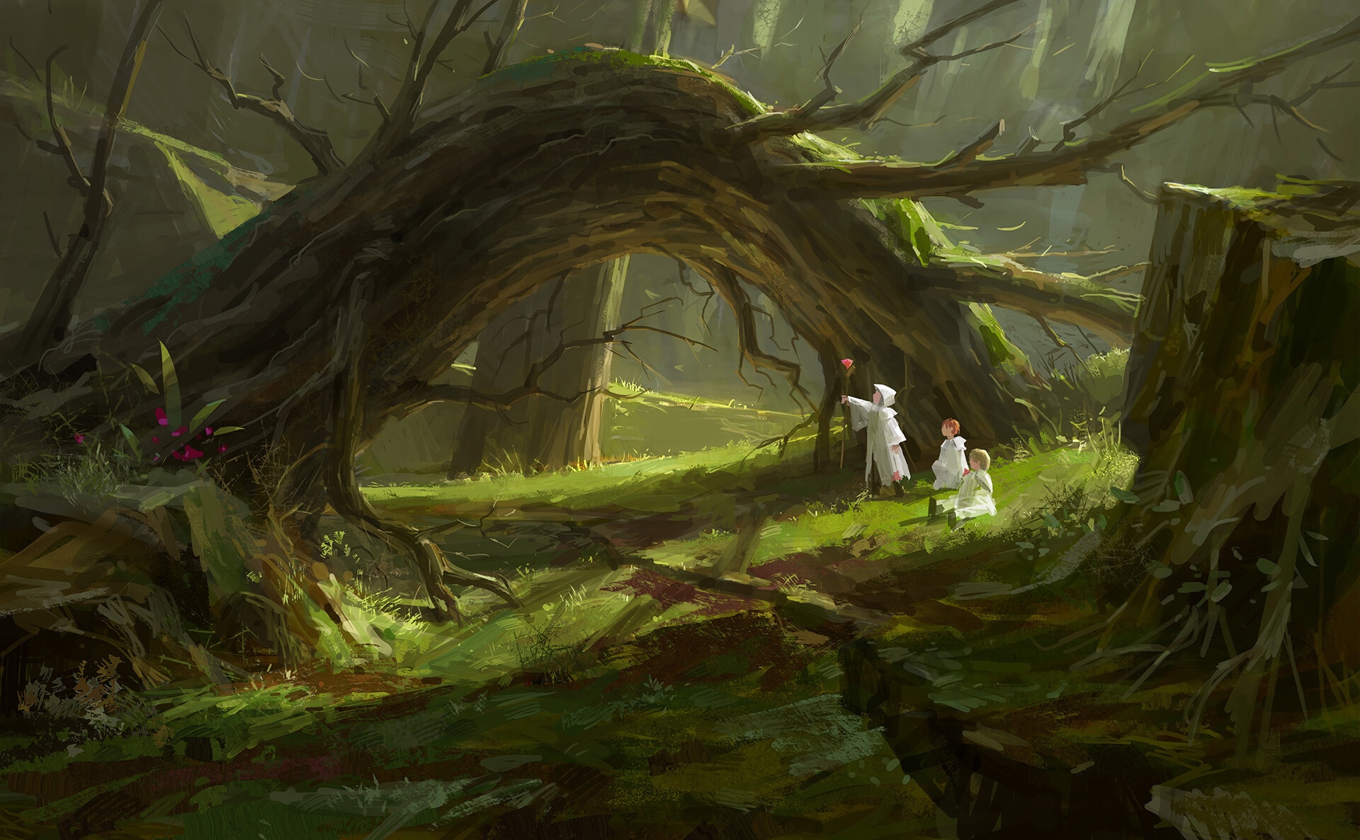 Fantasy art of figures in a mossy forest HD Wallpaper