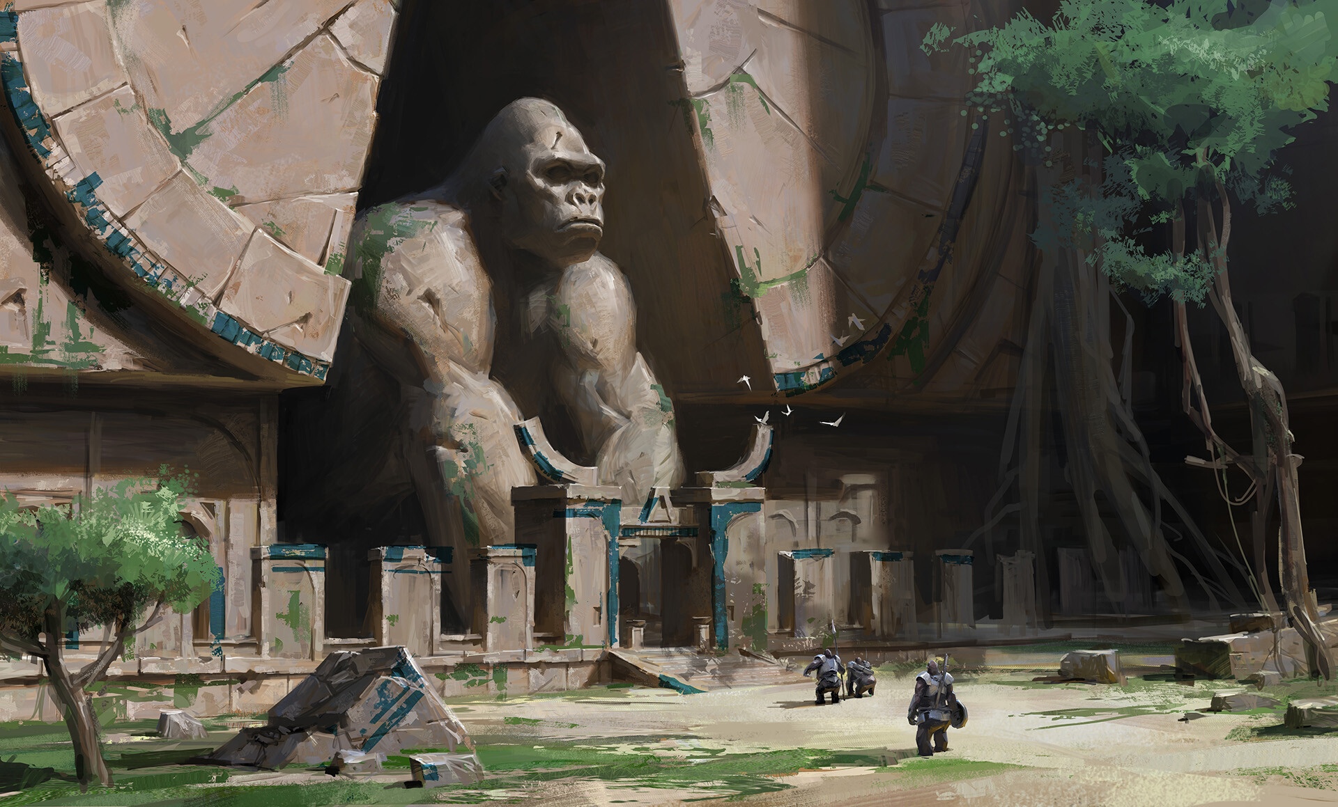 Giant gorilla statue in ancient temple ruins HD Wallpaper