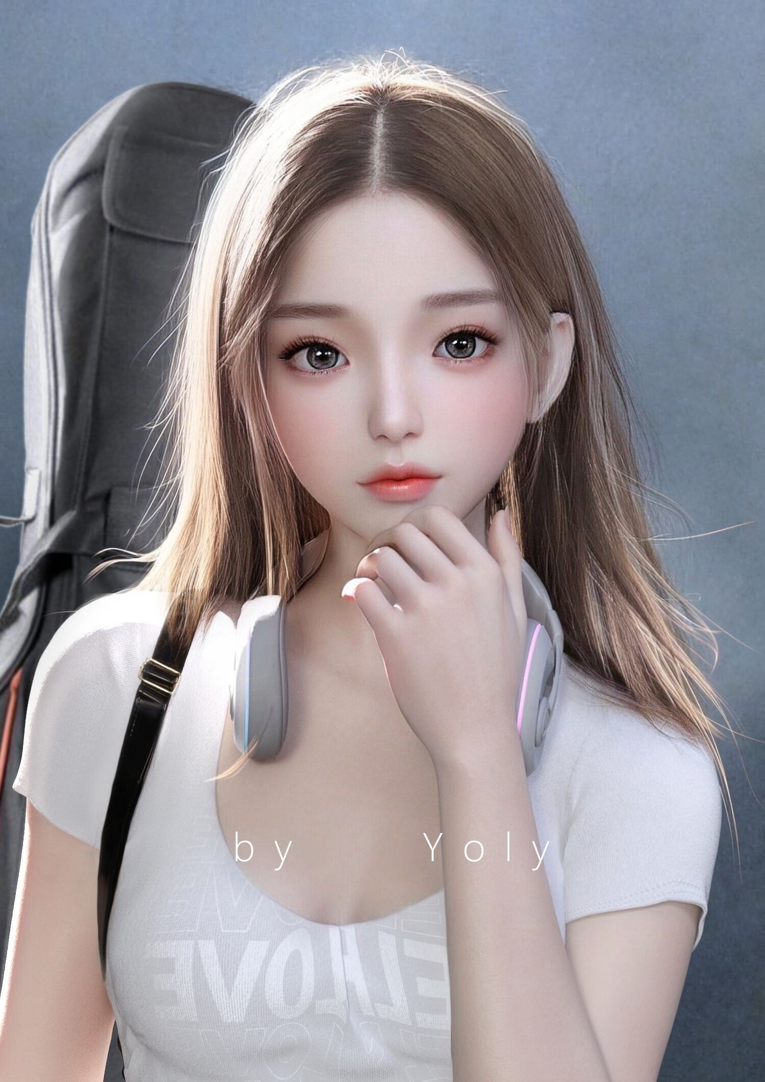 Asian woman with headphones and guitar case by Yoly HD Phone Wallpaper