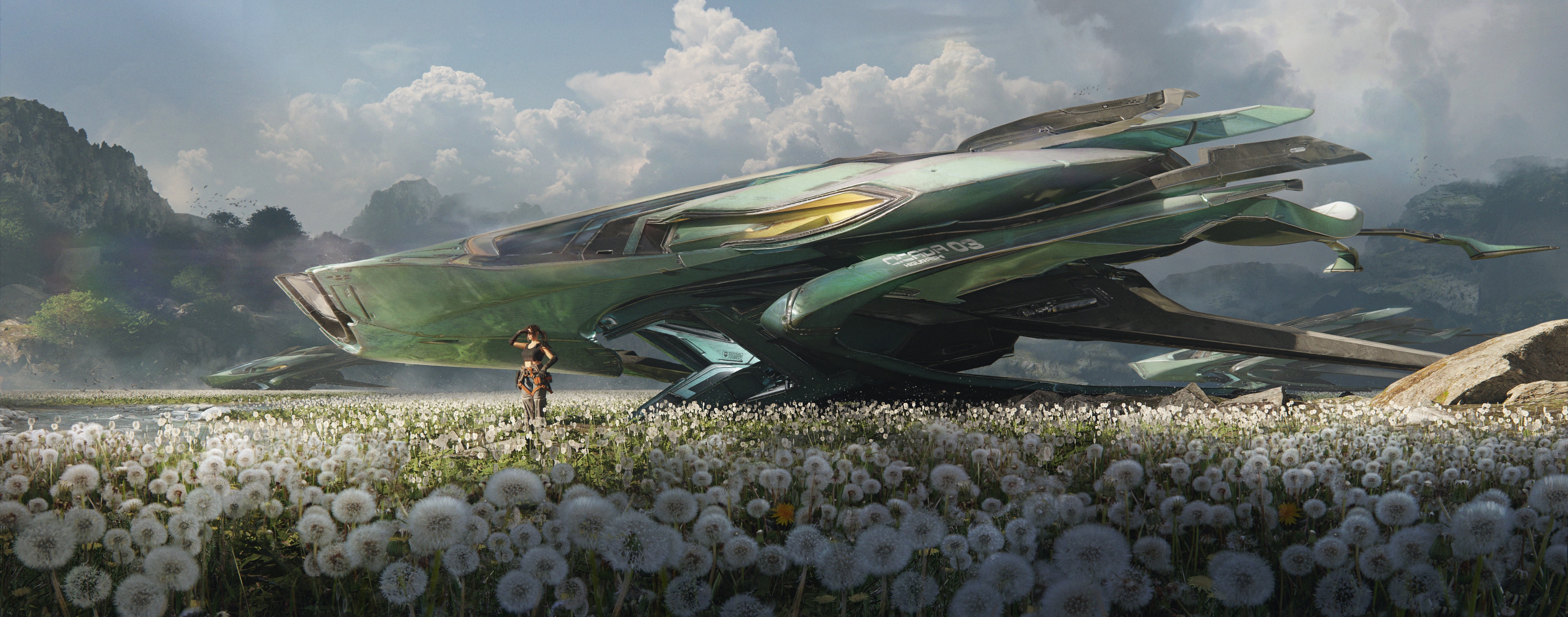 4K Spaceship in a Dandelion Field with Mountains HD Wallpaper