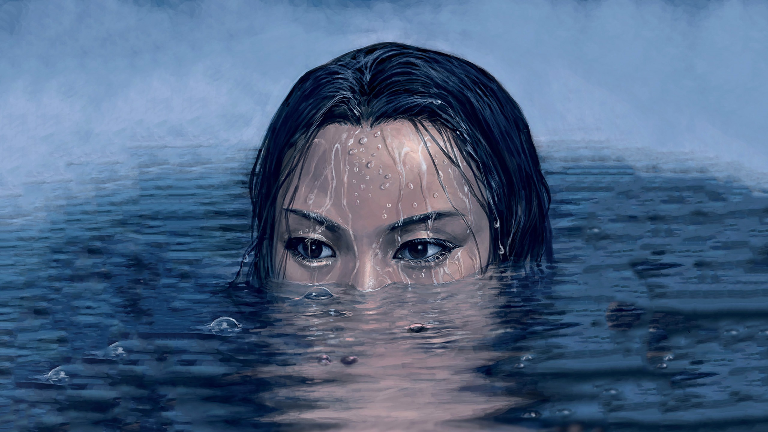Woman's face emerging from dark water HD Wallpaper