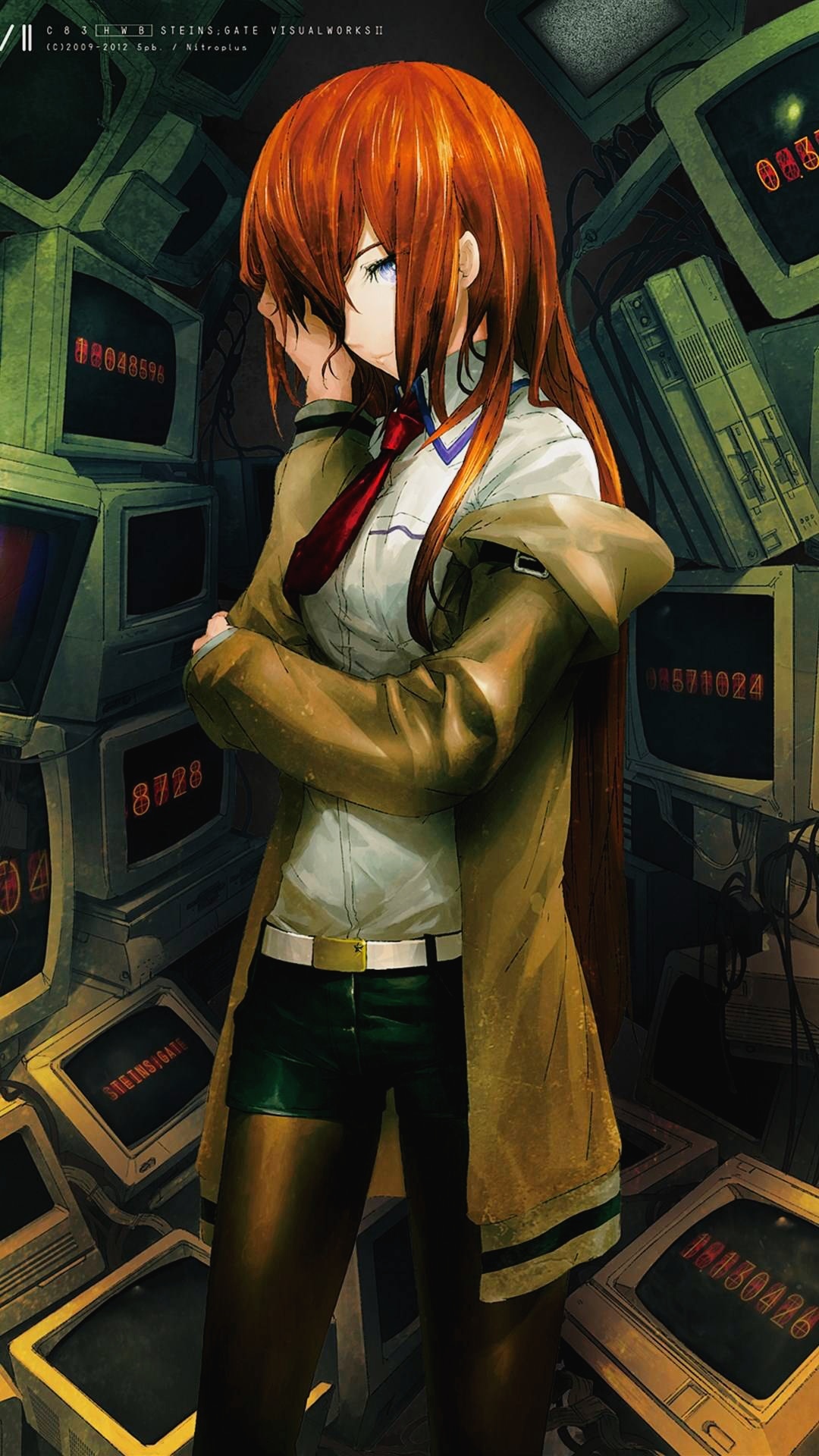 Makise Kurisu from Steins;Gate surrounded by monitors HD Phone Wallpaper