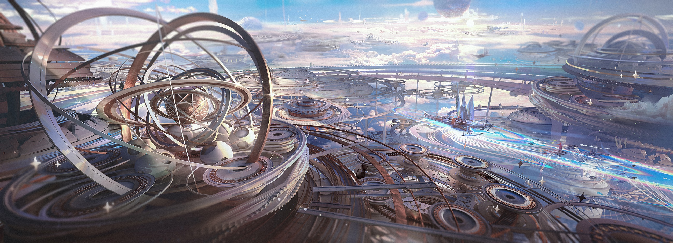 Fantasy city with celestial orrery and futuristic architecture HD Wallpaper
