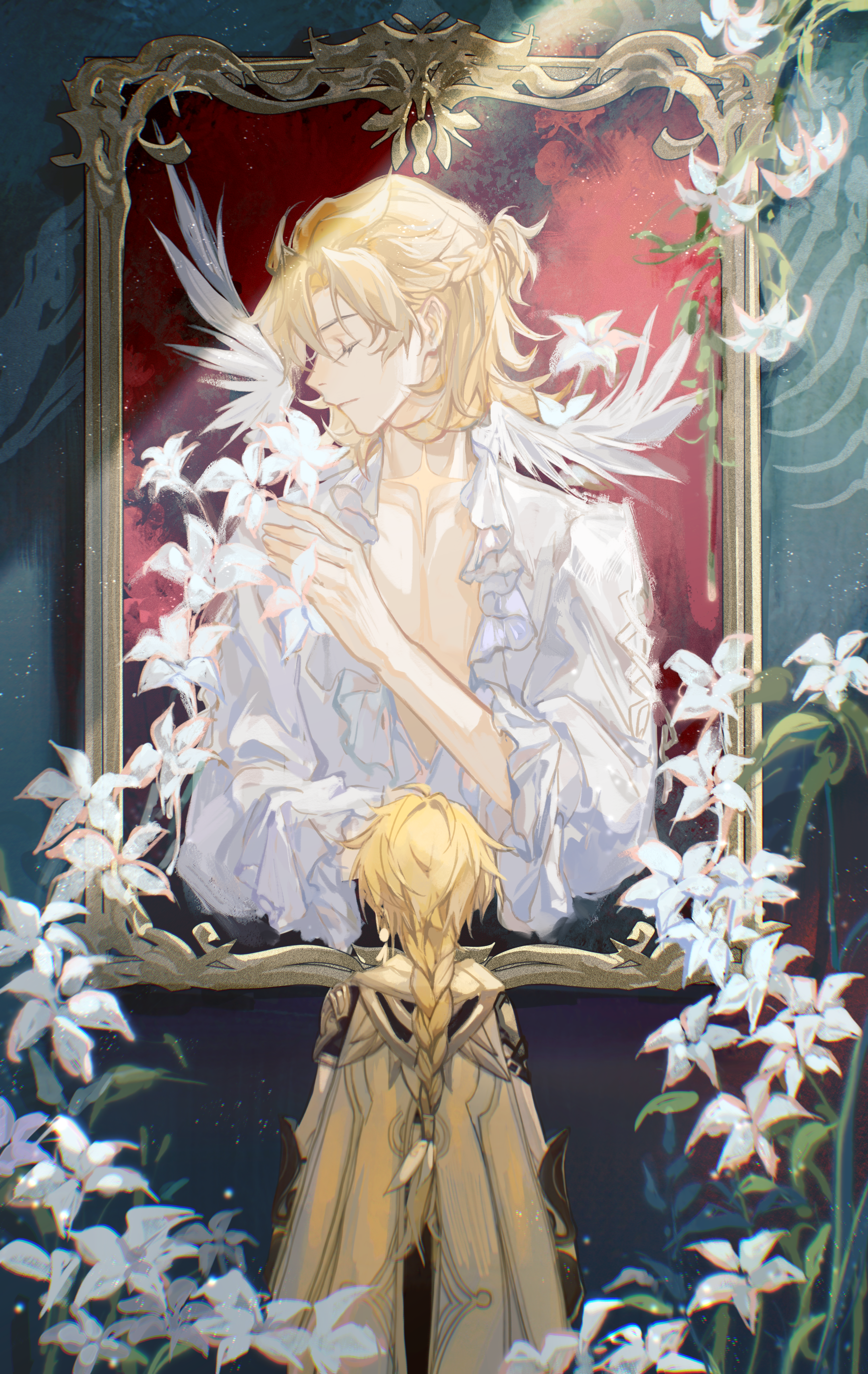 Genshin Impact: Aether and Albedo with Flowers HD Phone Wallpaper
