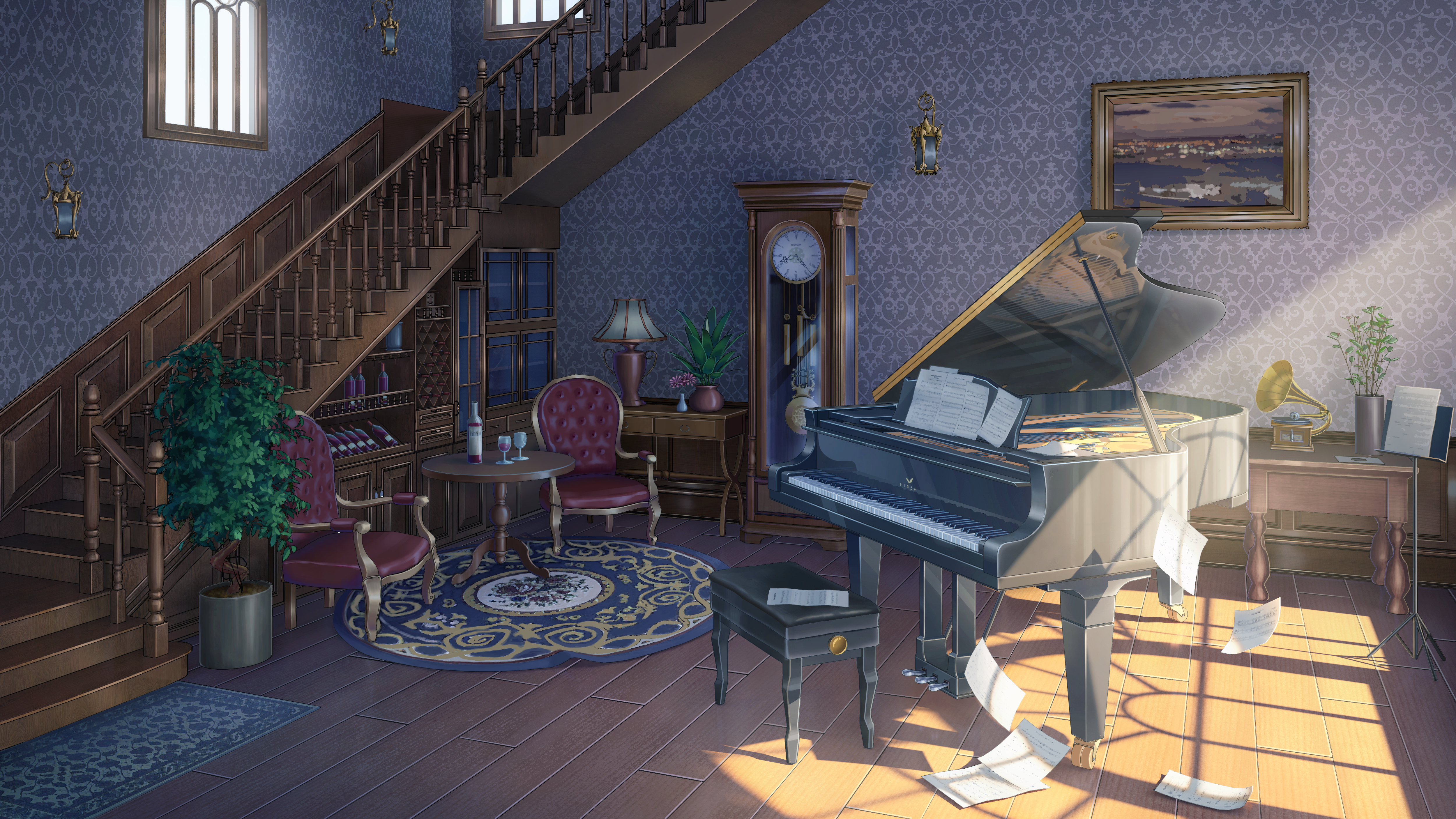 Grand piano and stairs in a room HD Wallpaper