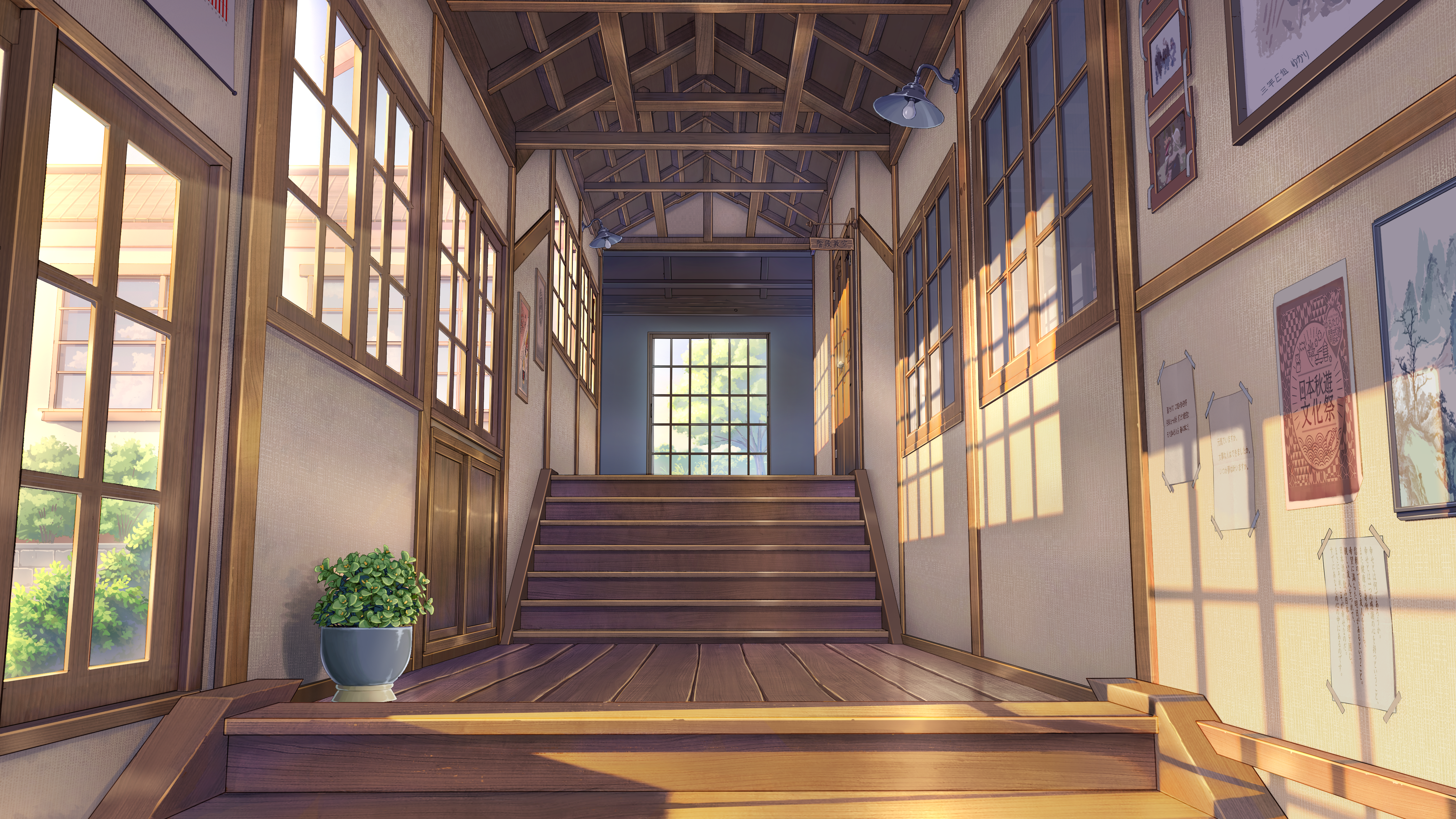 Hallway with stairs and windows HD Wallpaper