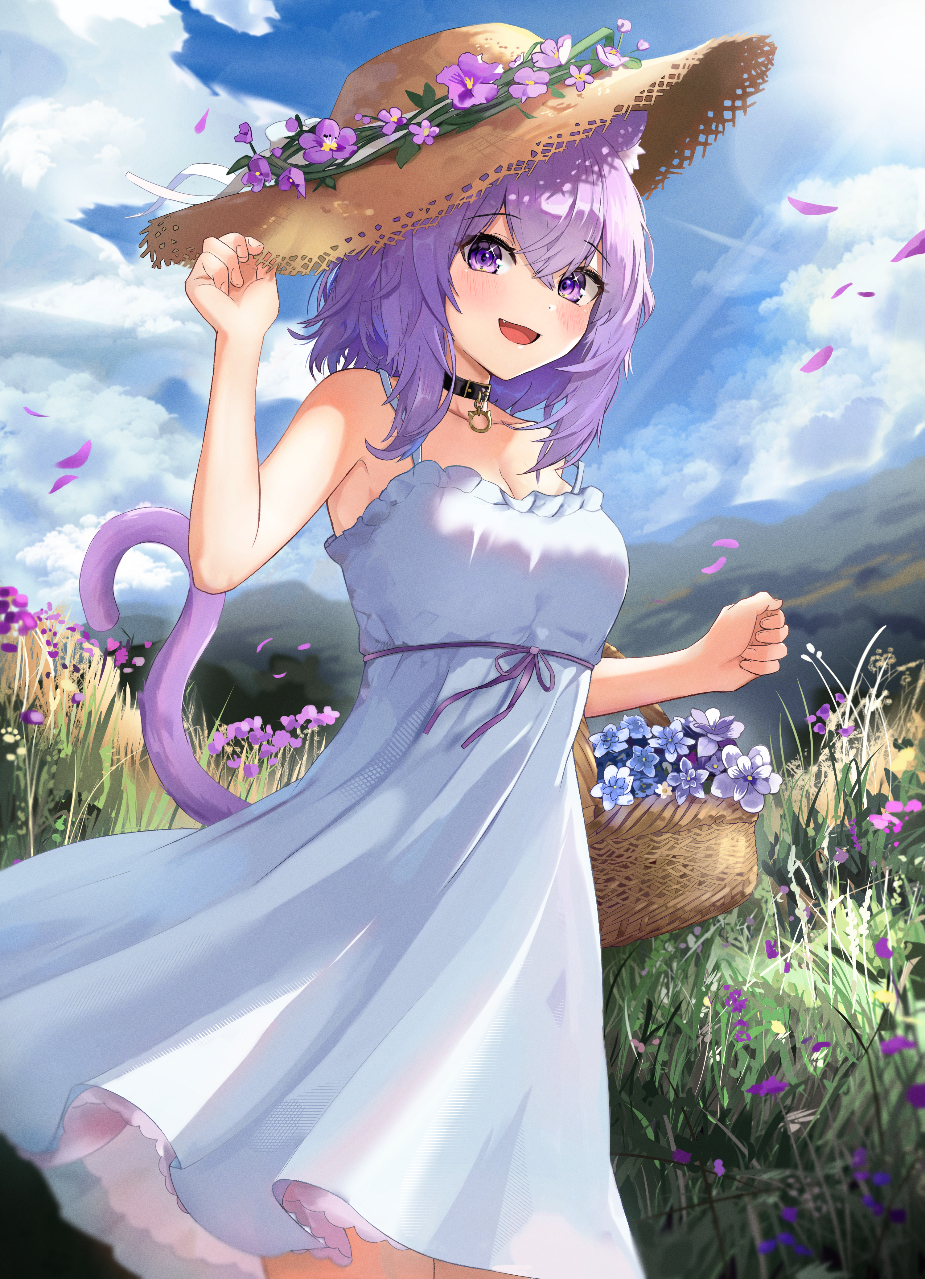 Nekomata Okayu in a straw hat with flowers HD Phone Wallpaper