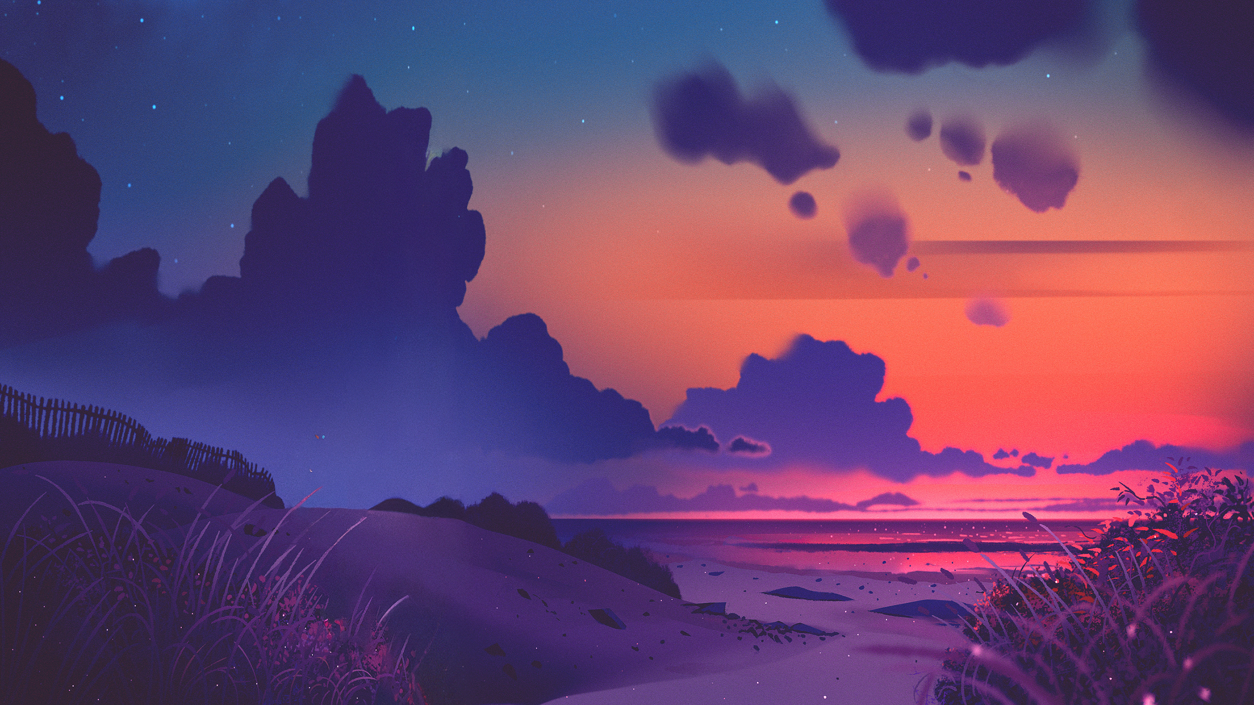 Illustration of a beach at sunset with dunes and clouds HD Wallpaper