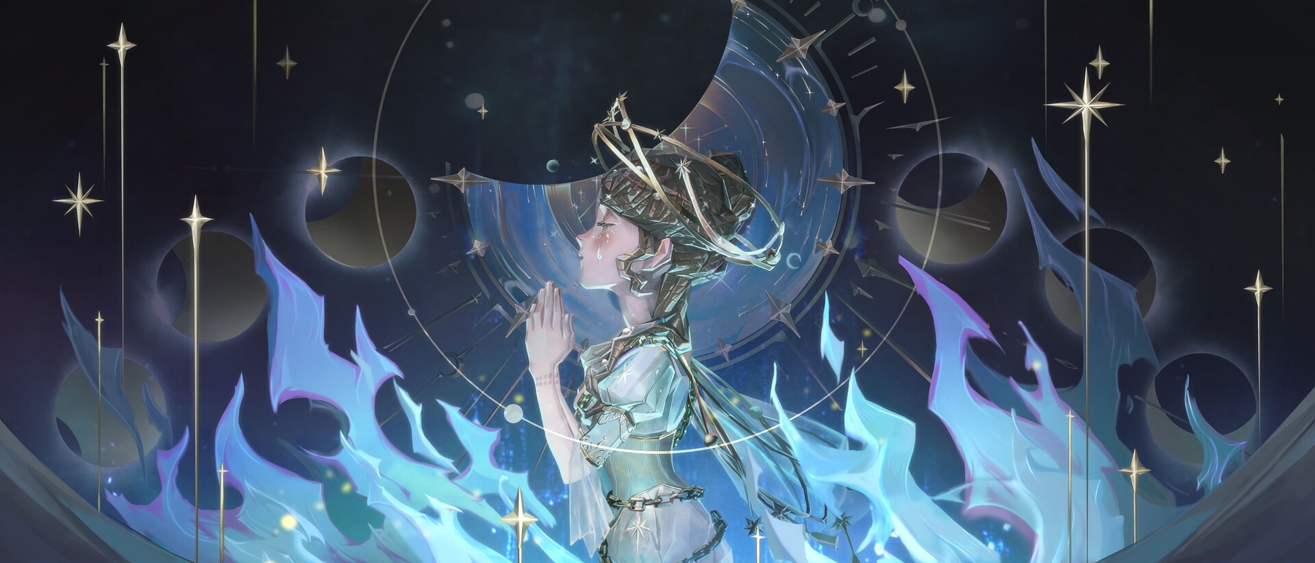 Fantasy girl praying under a celestial clockwork HD Wallpaper
