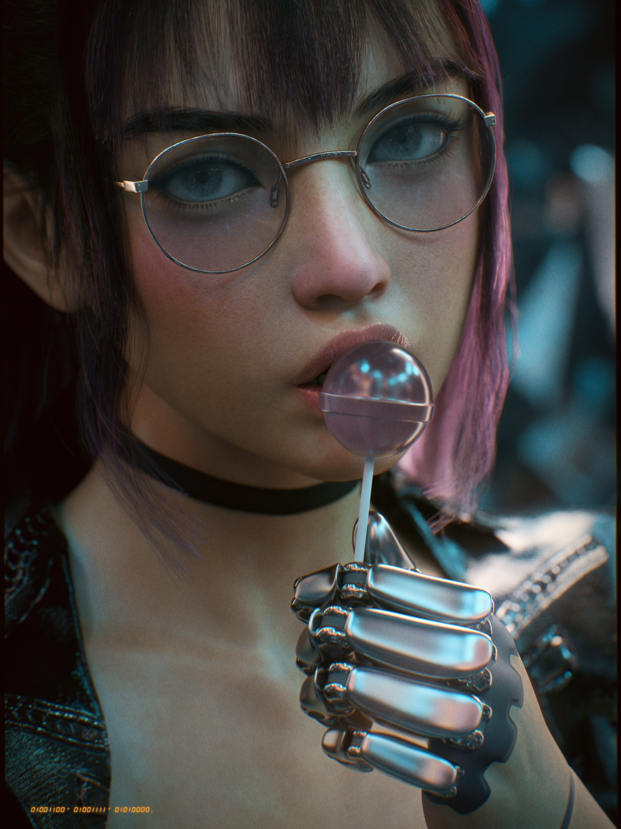 Cyberpunk android woman with lollipop and glasses HD Phone Wallpaper